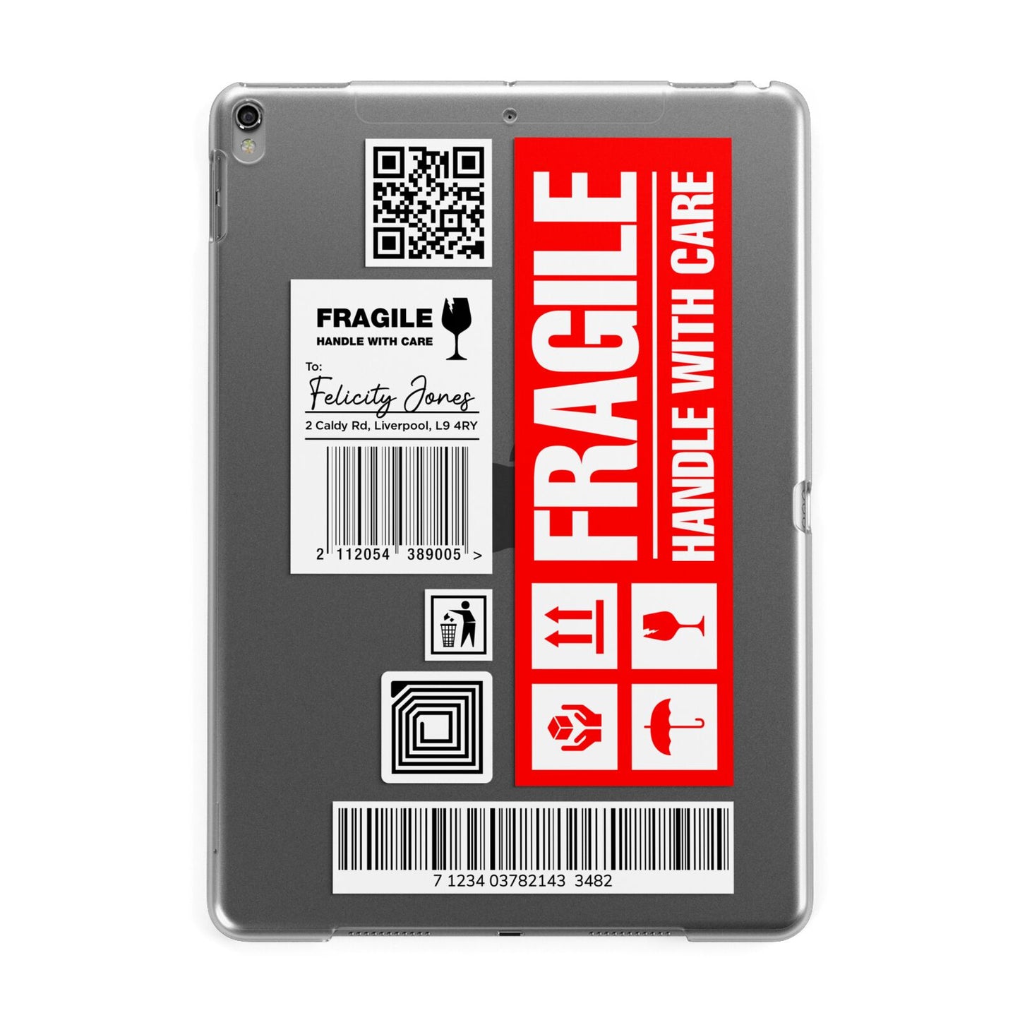 Fragile Parcel Labels with Name Apple iPad Grey Case