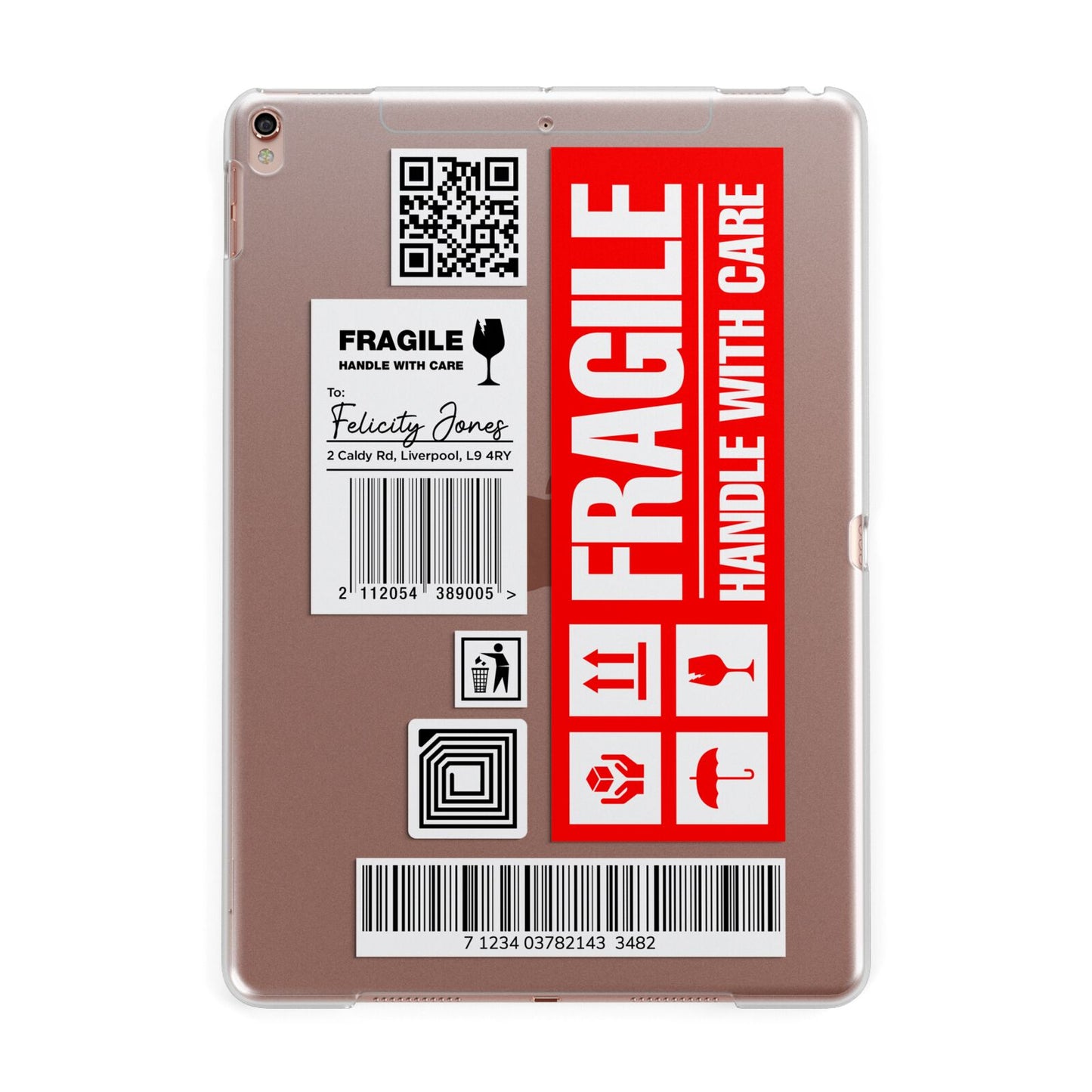 Fragile Parcel Labels with Name Apple iPad Rose Gold Case