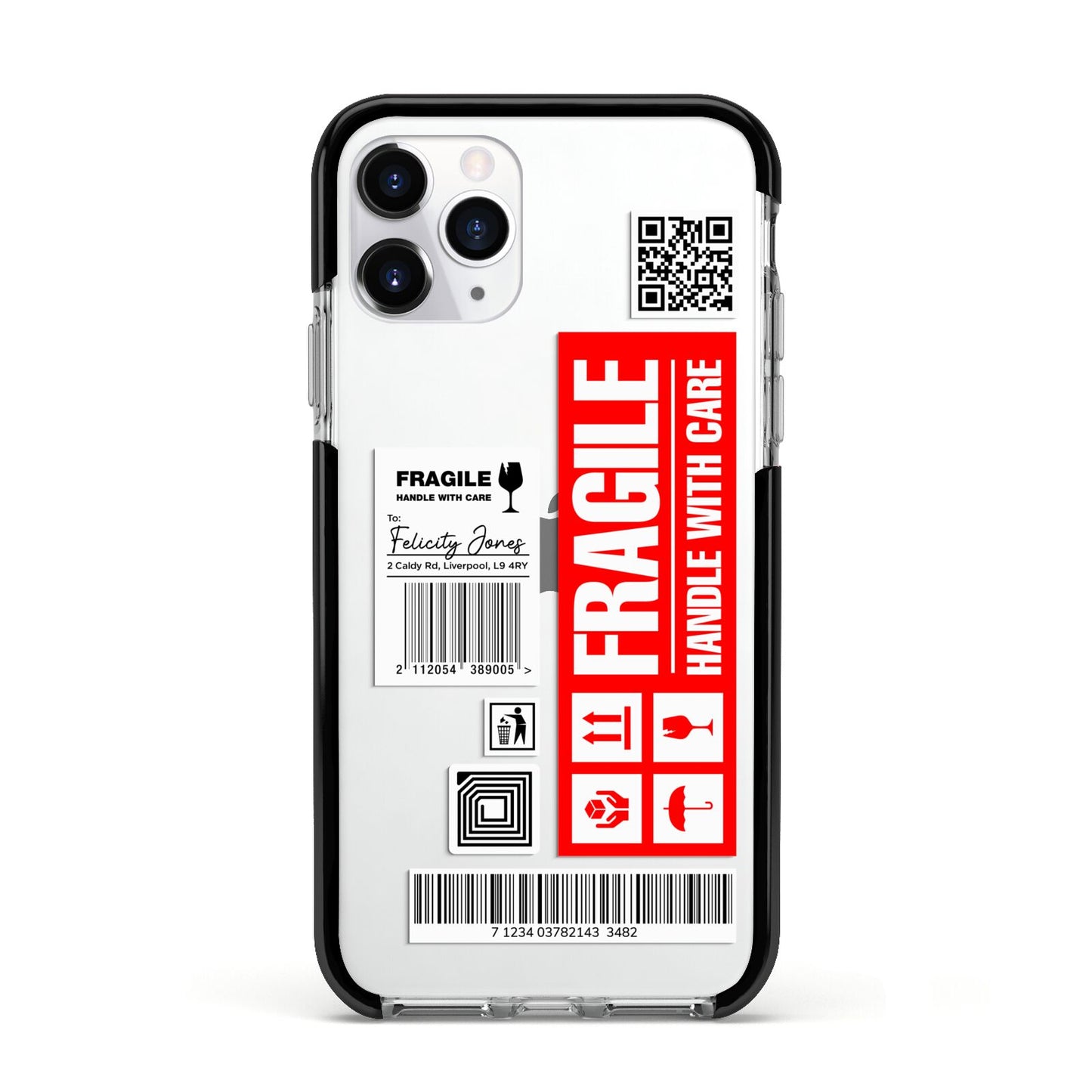 Fragile Parcel Labels with Name Apple iPhone 11 Pro in Silver with Black Impact Case