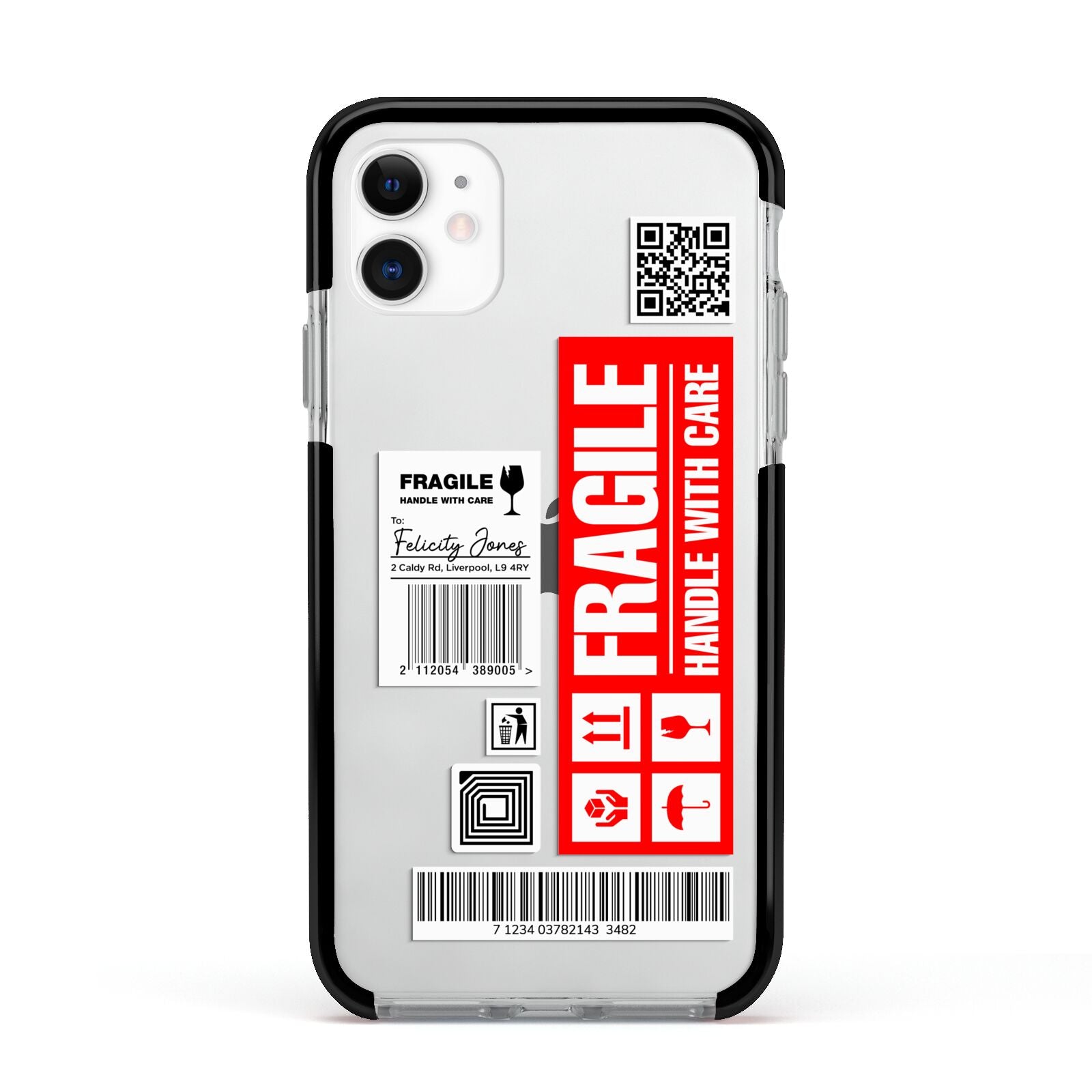 Fragile Parcel Labels with Name Apple iPhone 11 in White with Black Impact Case