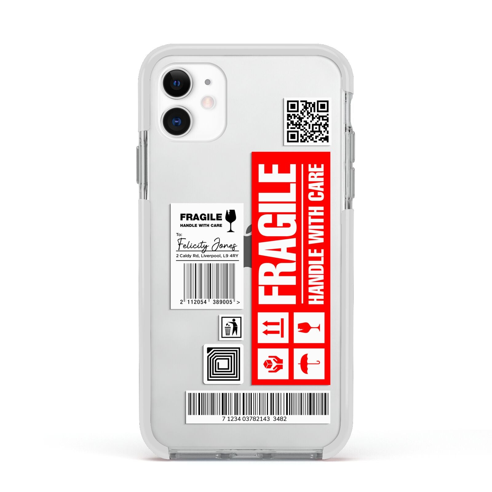 Fragile Parcel Labels with Name Apple iPhone 11 in White with White Impact Case