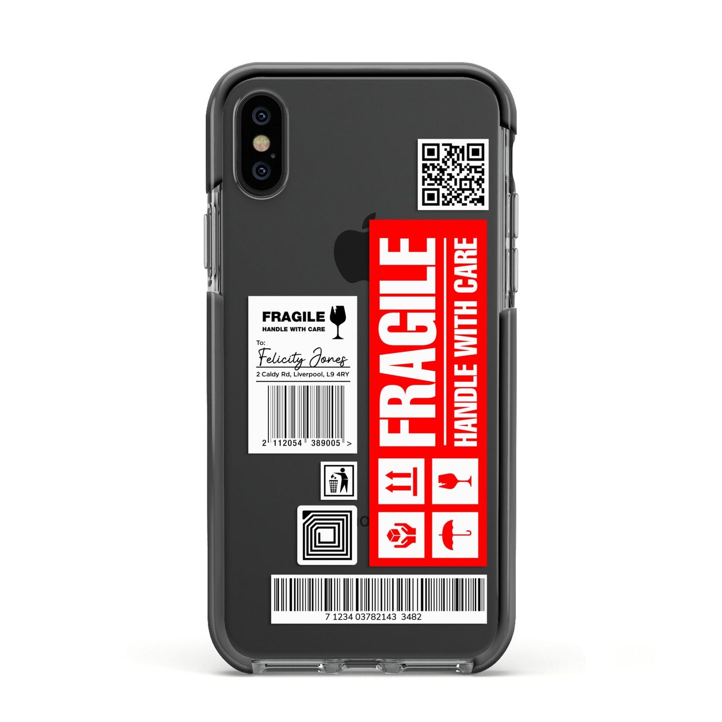 Fragile Parcel Labels with Name Apple iPhone Xs Impact Case Black Edge on Black Phone