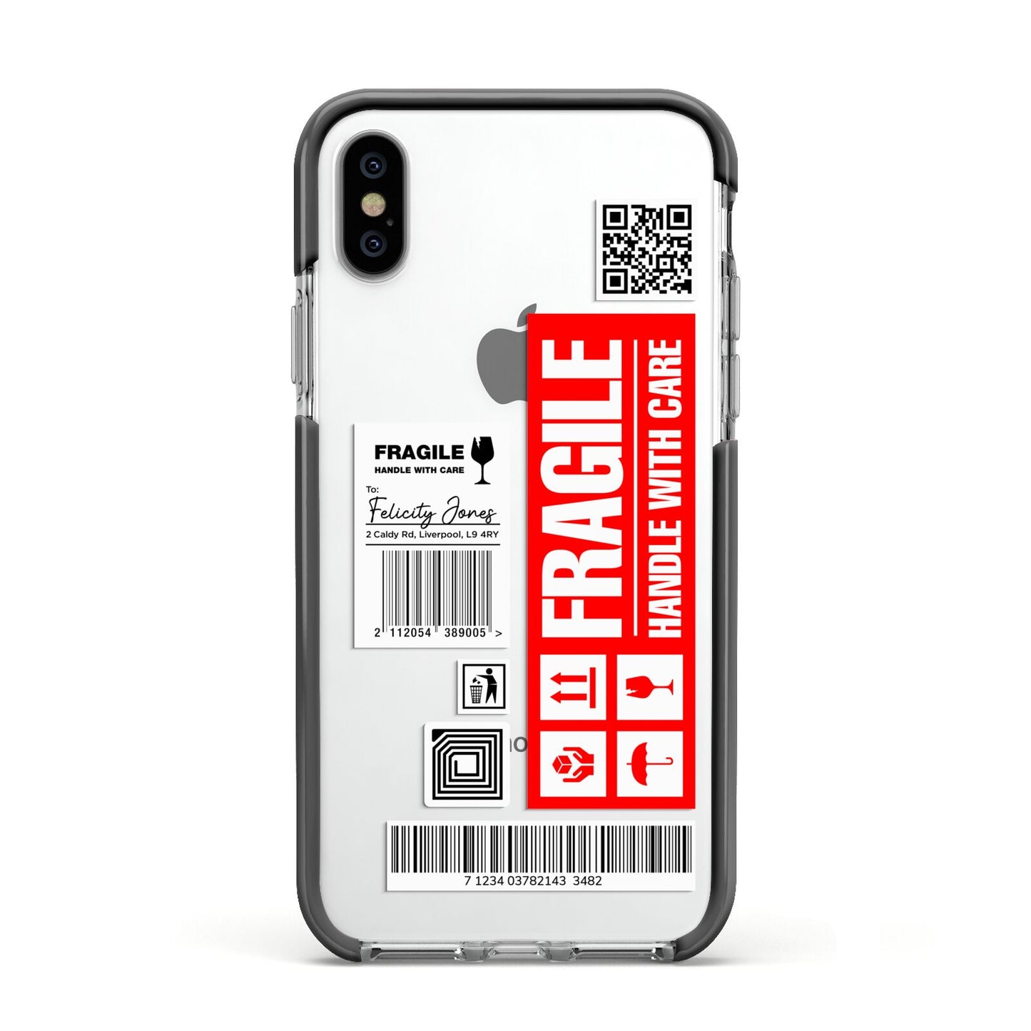 Fragile Parcel Labels with Name Apple iPhone Xs Impact Case Black Edge on Silver Phone