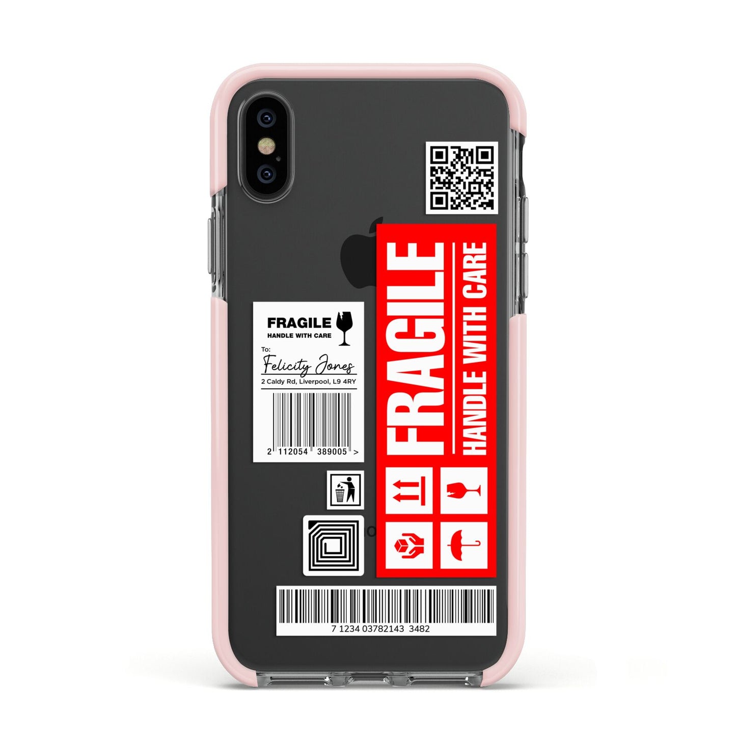 Fragile Parcel Labels with Name Apple iPhone Xs Impact Case Pink Edge on Black Phone