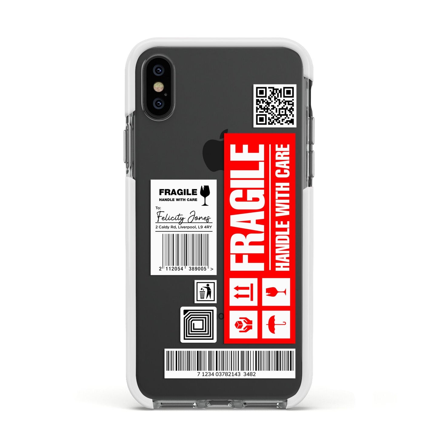 Fragile Parcel Labels with Name Apple iPhone Xs Impact Case White Edge on Black Phone