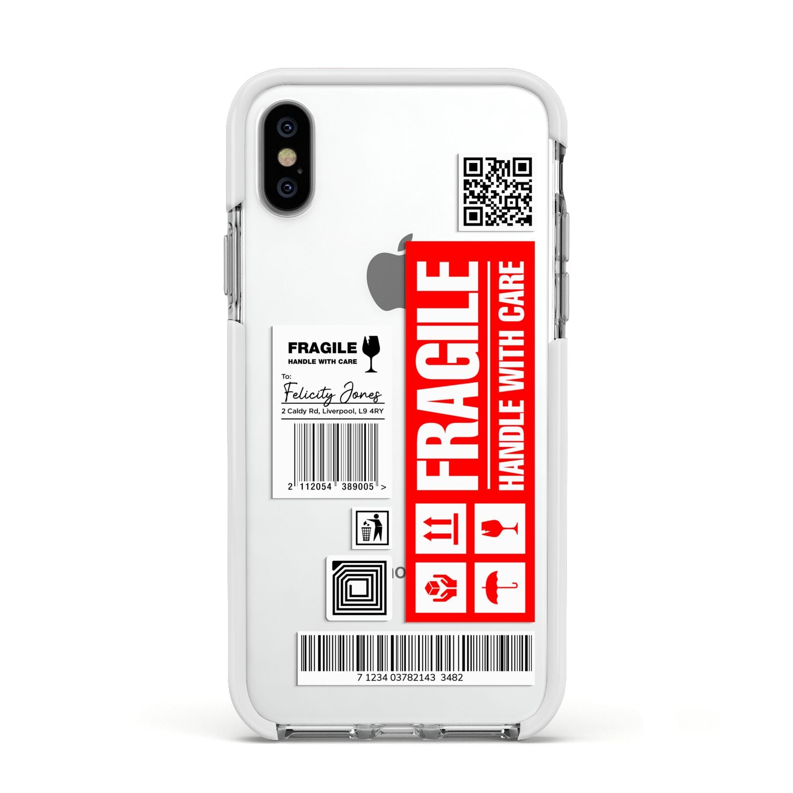 Fragile Parcel Labels with Name Apple iPhone Xs Impact Case White Edge on Silver Phone