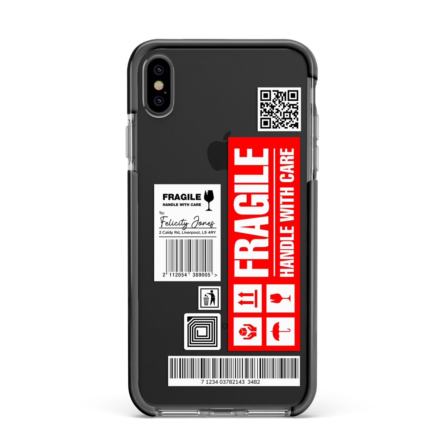 Fragile Parcel Labels with Name Apple iPhone Xs Max Impact Case Black Edge on Black Phone