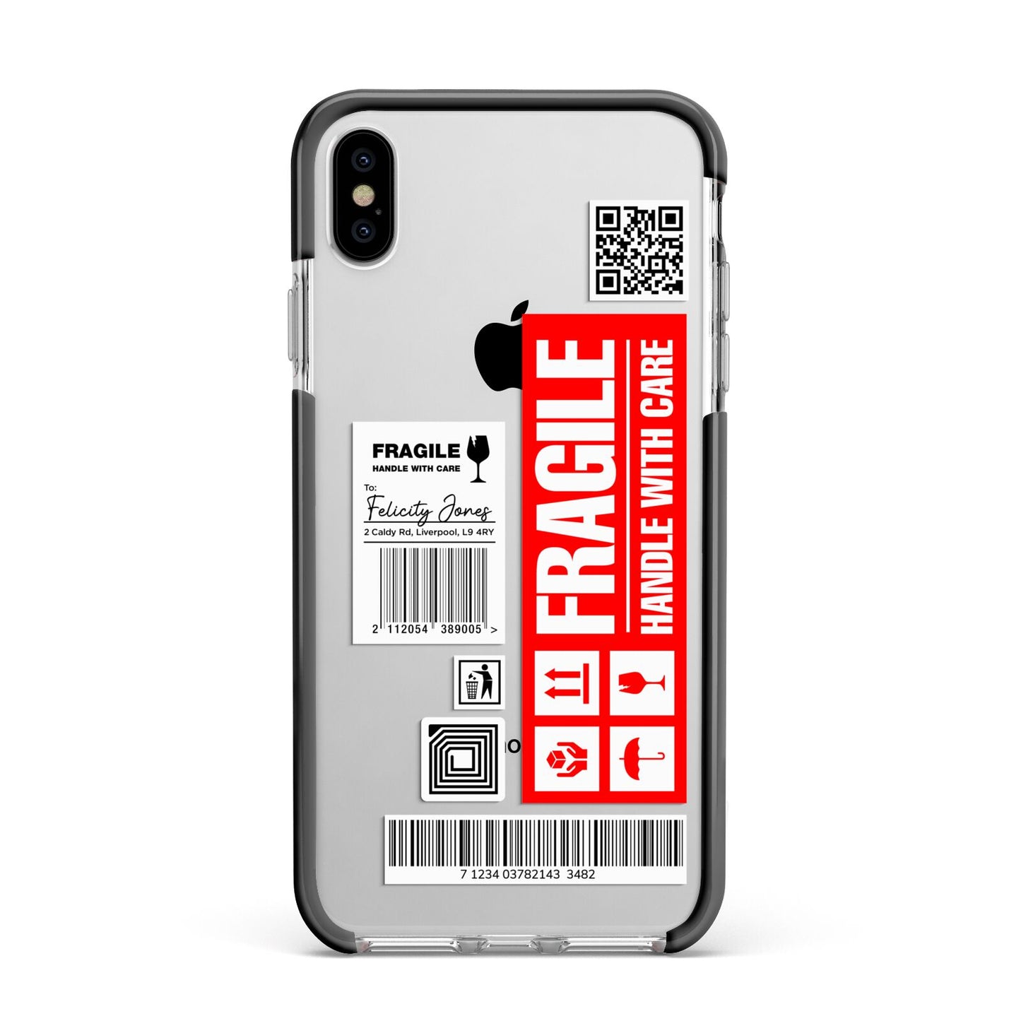 Fragile Parcel Labels with Name Apple iPhone Xs Max Impact Case Black Edge on Silver Phone