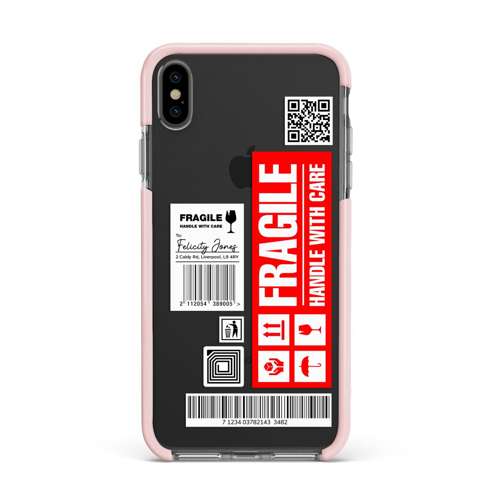 Fragile Parcel Labels with Name Apple iPhone Xs Max Impact Case Pink Edge on Black Phone