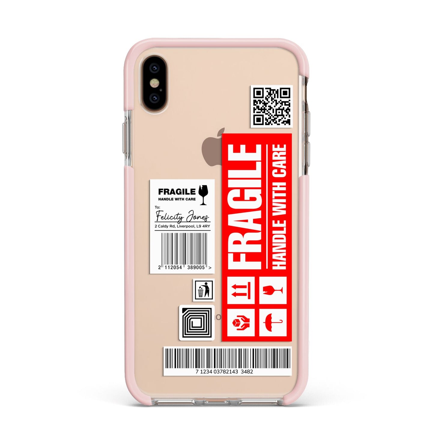 Fragile Parcel Labels with Name Apple iPhone Xs Max Impact Case Pink Edge on Gold Phone