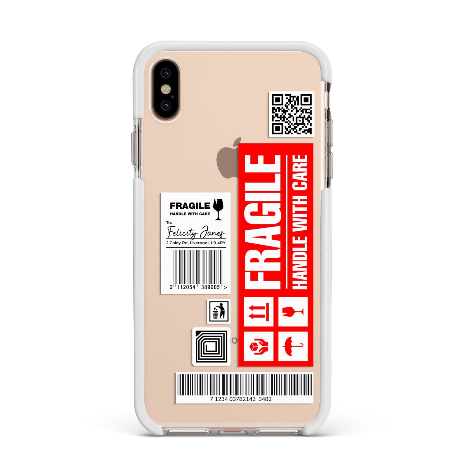 Fragile Parcel Labels with Name Apple iPhone Xs Max Impact Case White Edge on Gold Phone