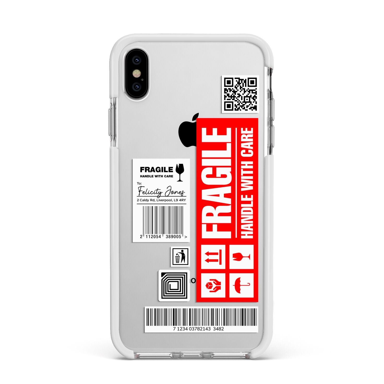 Fragile Parcel Labels with Name Apple iPhone Xs Max Impact Case White Edge on Silver Phone