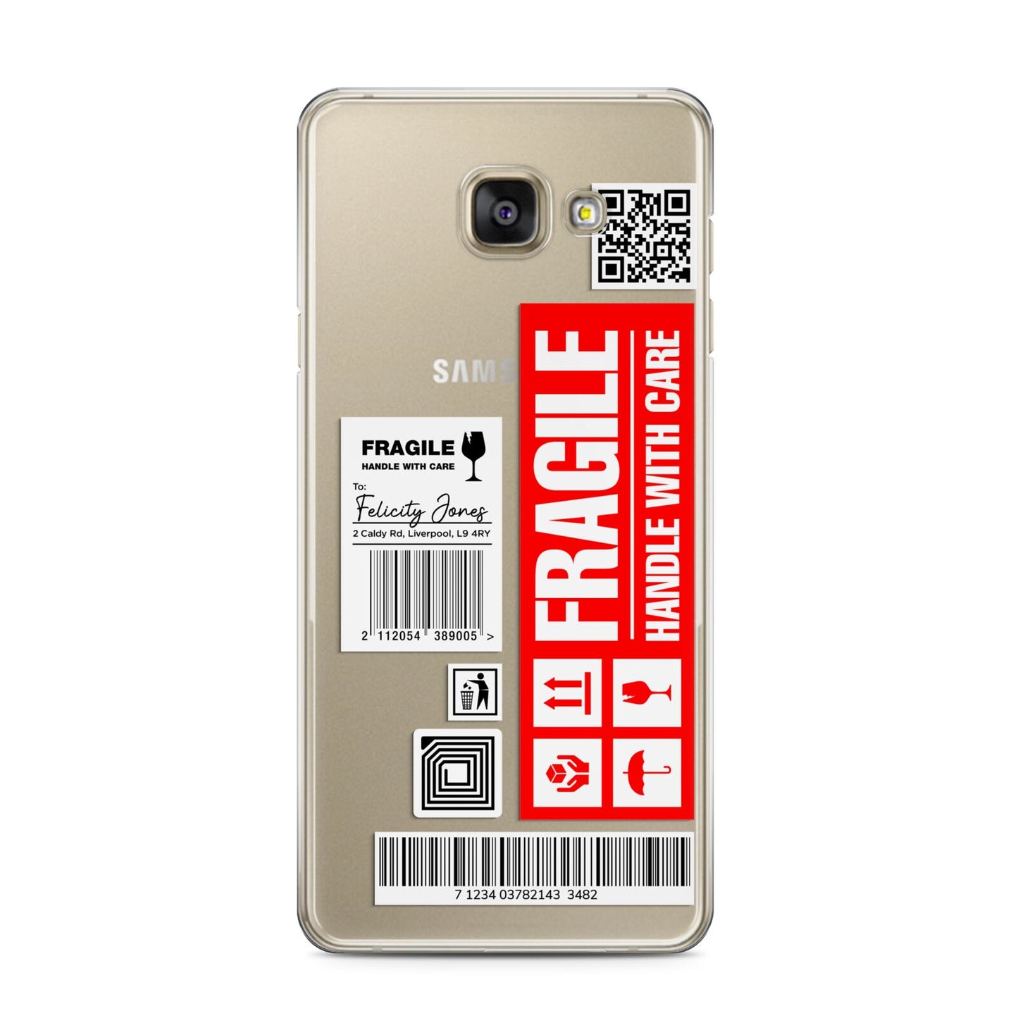 Fragile Parcel Labels with Name Samsung Galaxy A3 2016 Case on gold phone