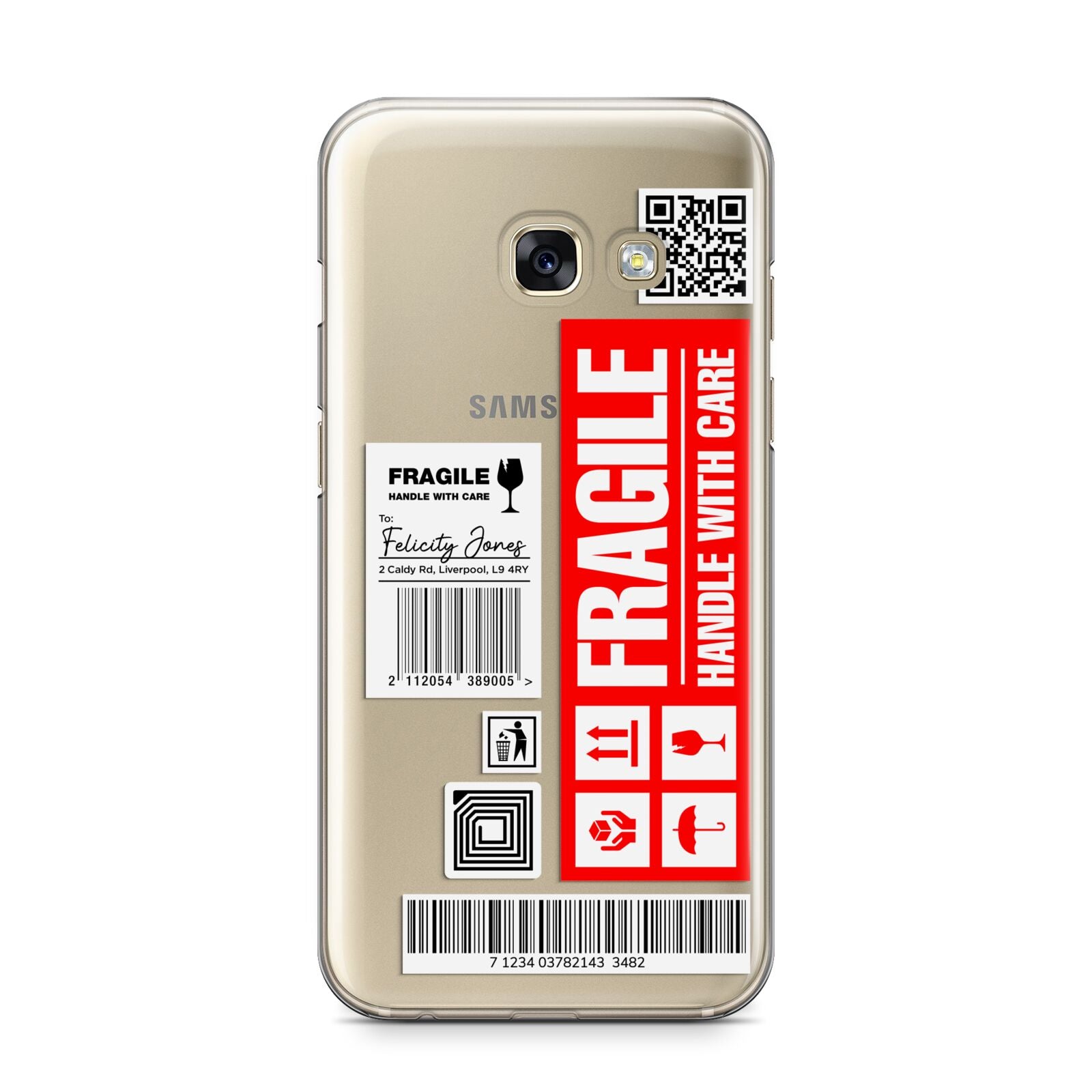 Fragile Parcel Labels with Name Samsung Galaxy A3 2017 Case on gold phone