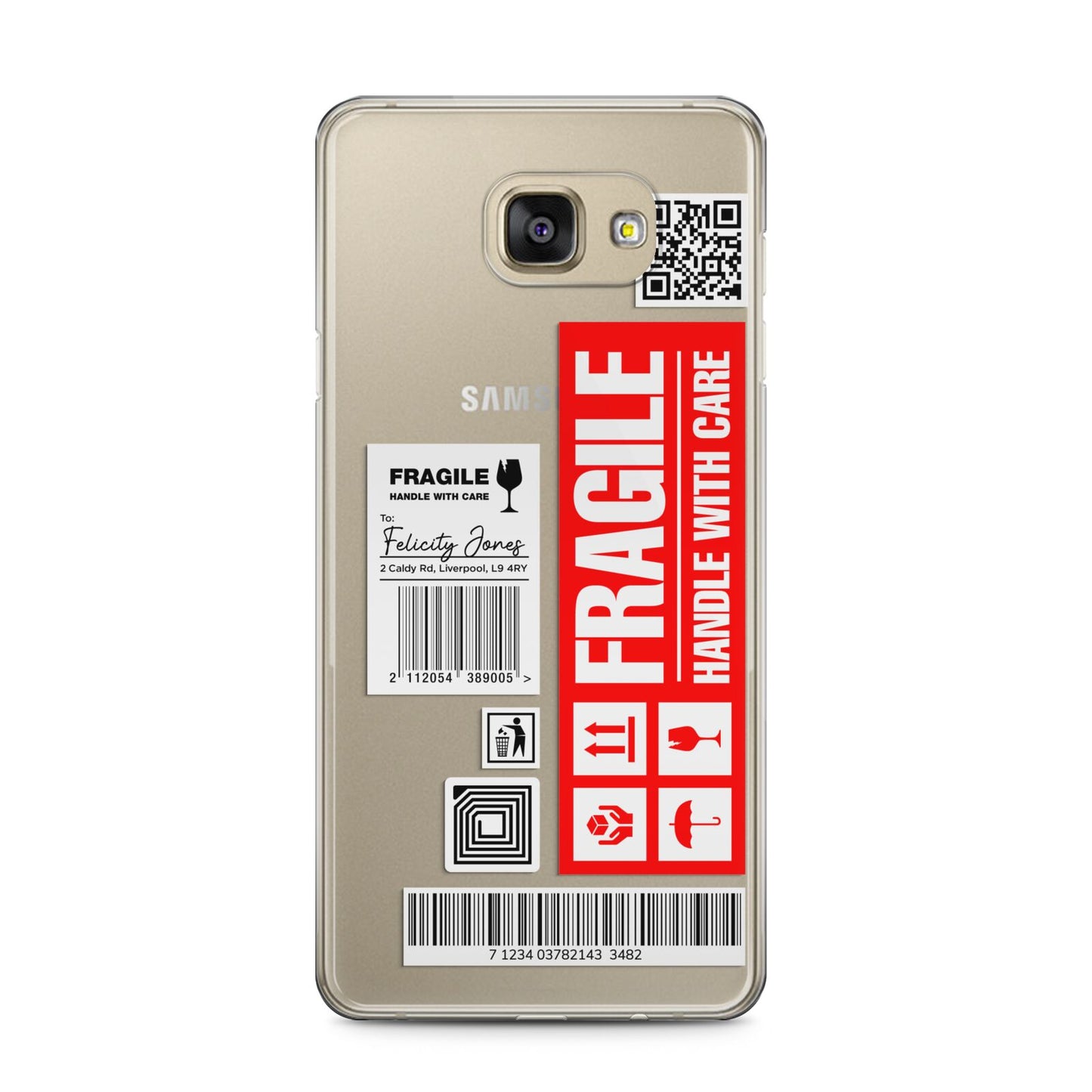 Fragile Parcel Labels with Name Samsung Galaxy A5 2016 Case on gold phone