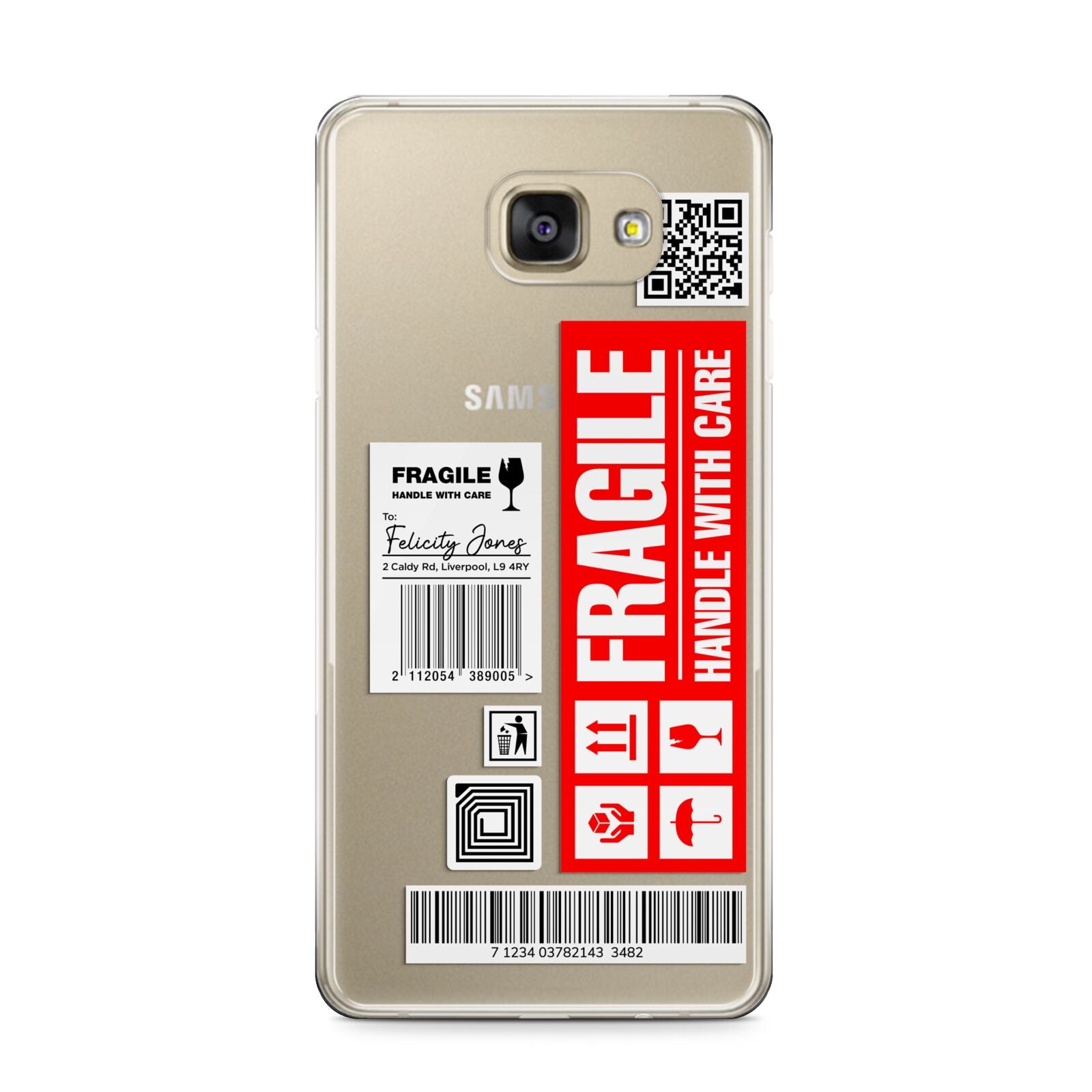 Fragile Parcel Labels with Name Samsung Galaxy A9 2016 Case on gold phone