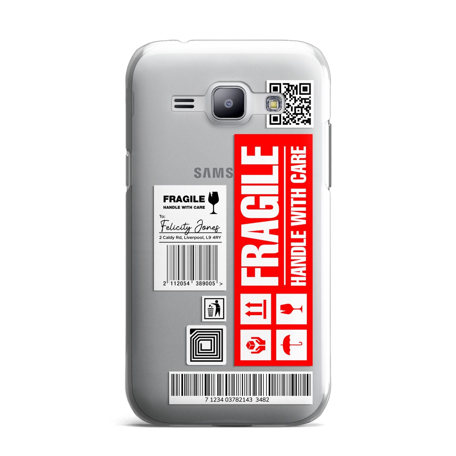 Fragile Parcel Labels with Name Samsung Galaxy J1 2015 Case