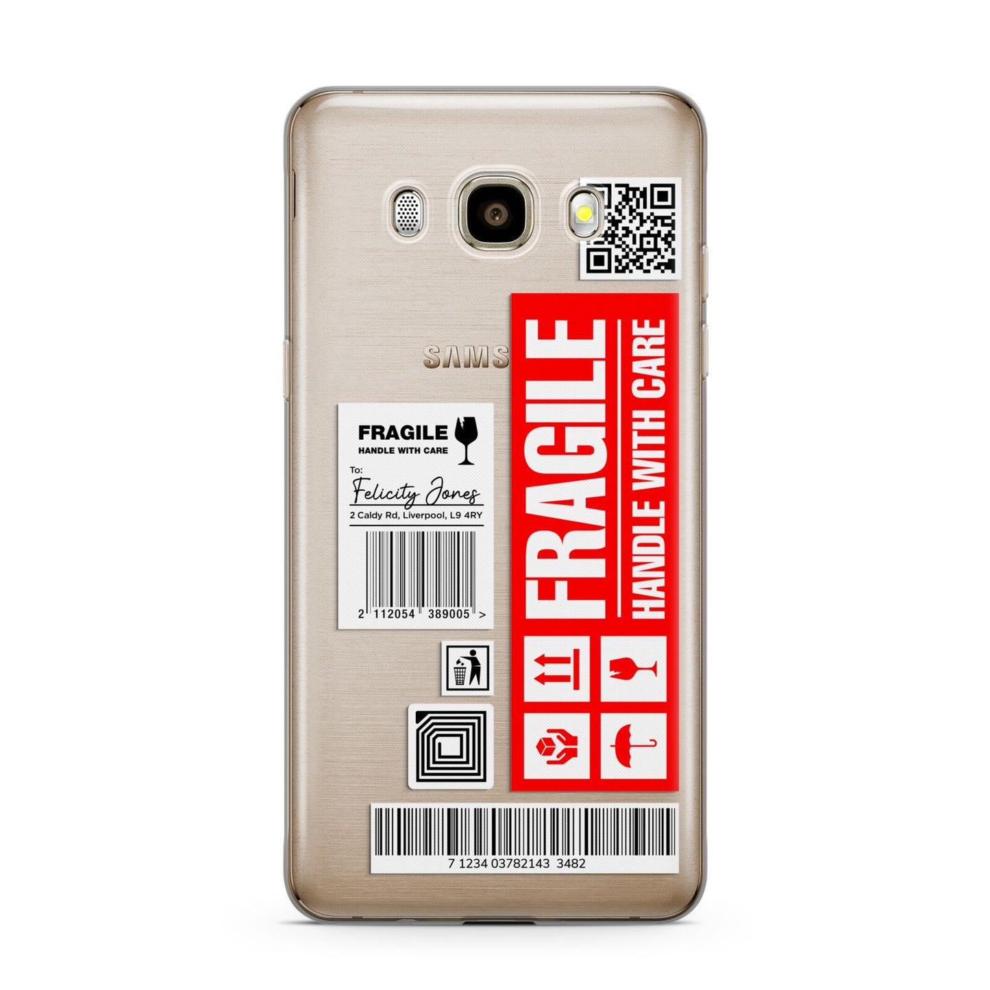 Fragile Parcel Labels with Name Samsung Galaxy J7 2016 Case on gold phone