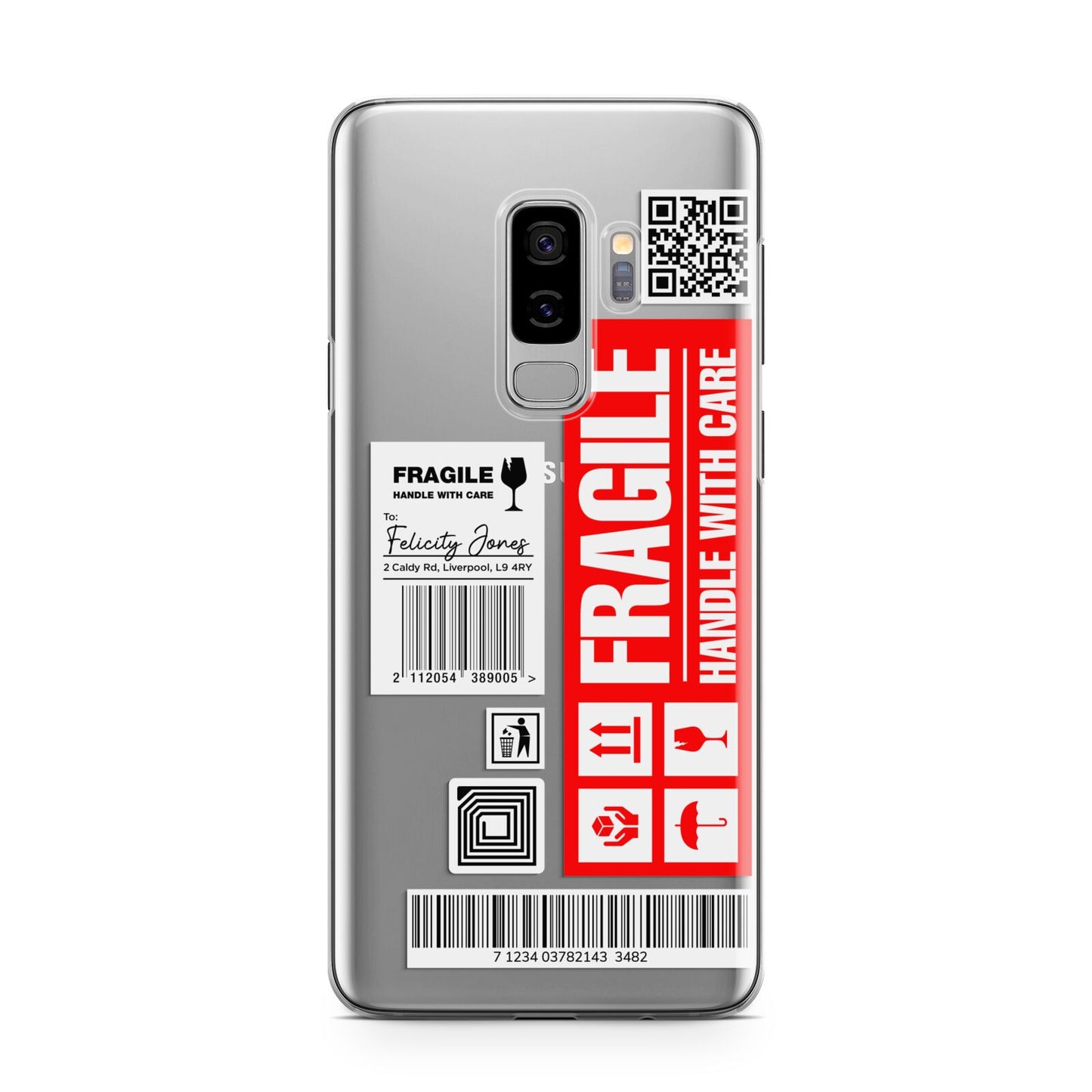 Fragile Parcel Labels with Name Samsung Galaxy S9 Plus Case on Silver phone