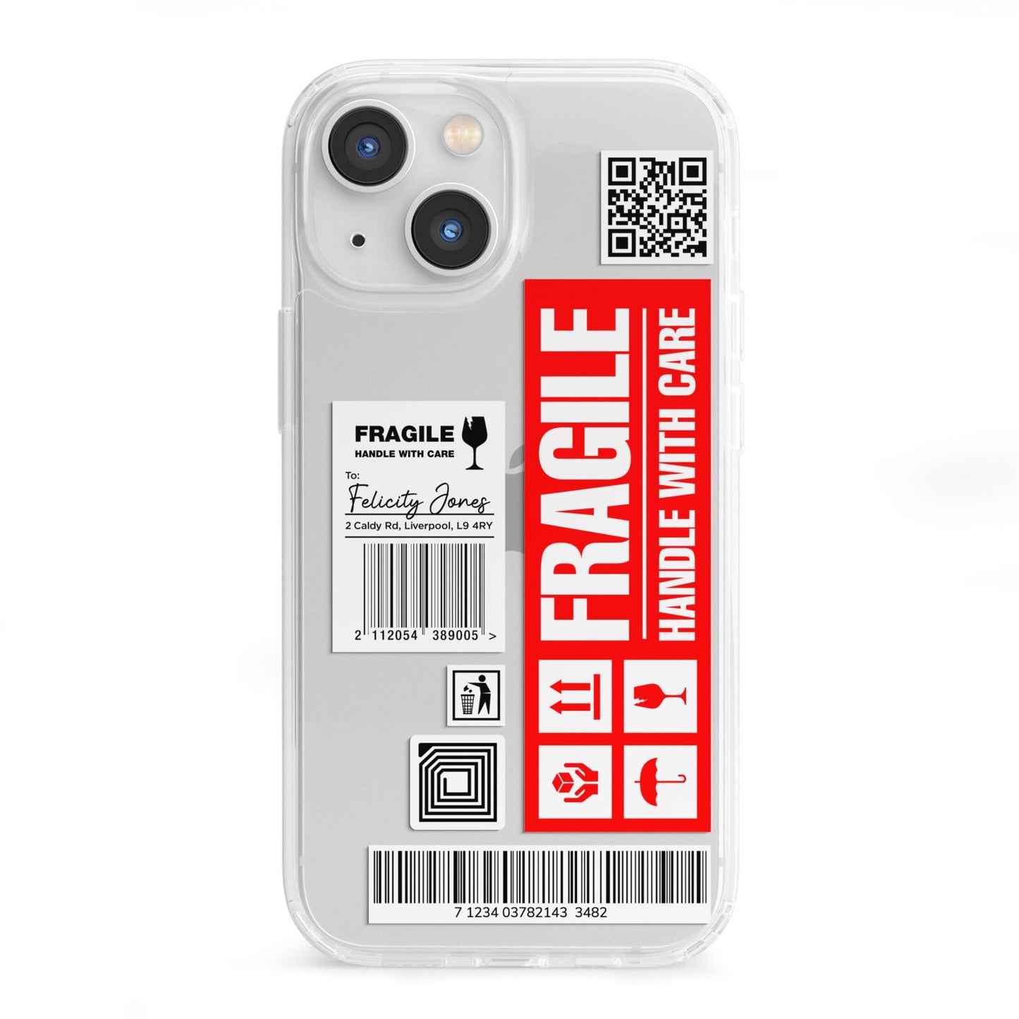 Fragile Parcel Labels with Name iPhone 13 Mini Clear Bumper Case