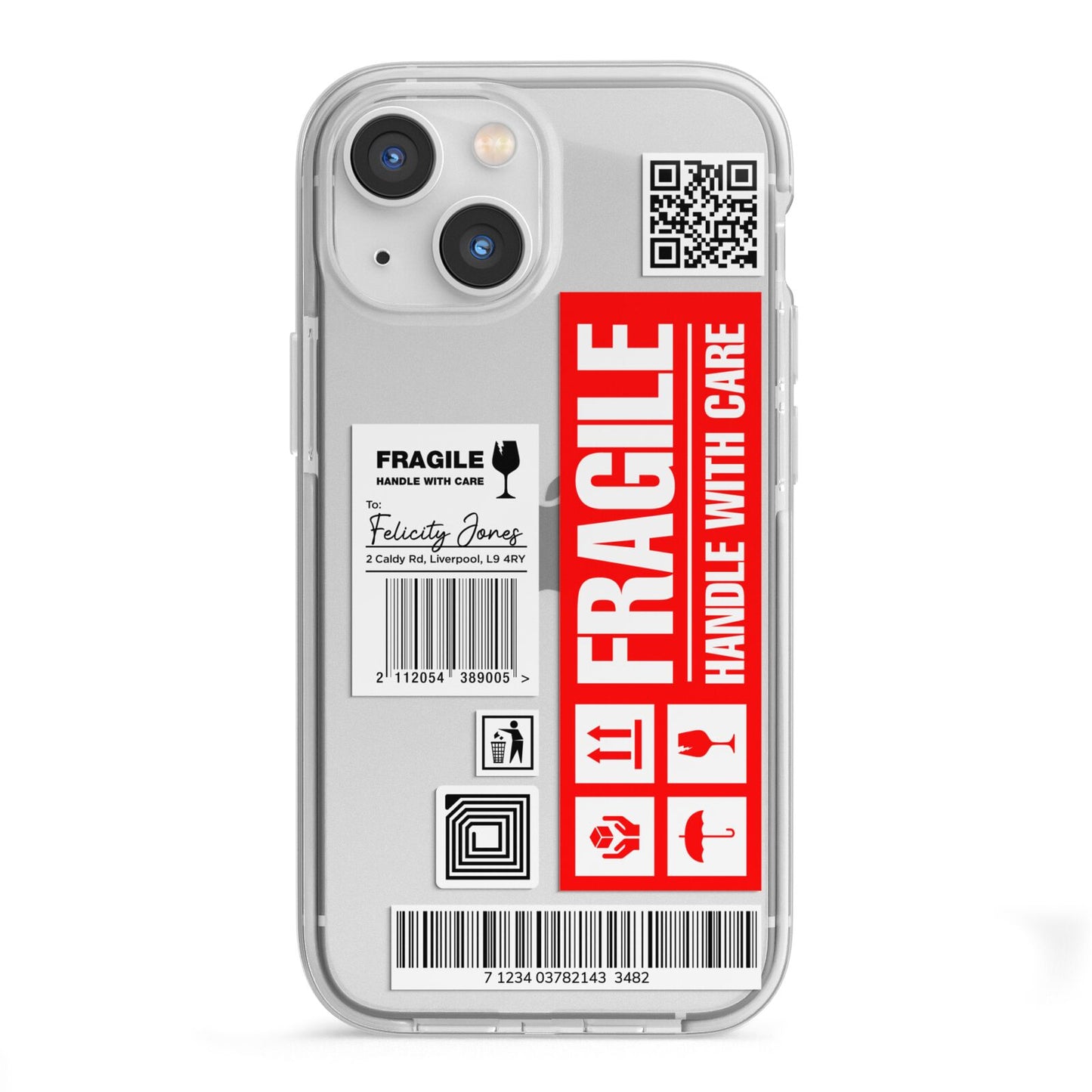 Fragile Parcel Labels with Name iPhone 13 Mini TPU Impact Case with White Edges