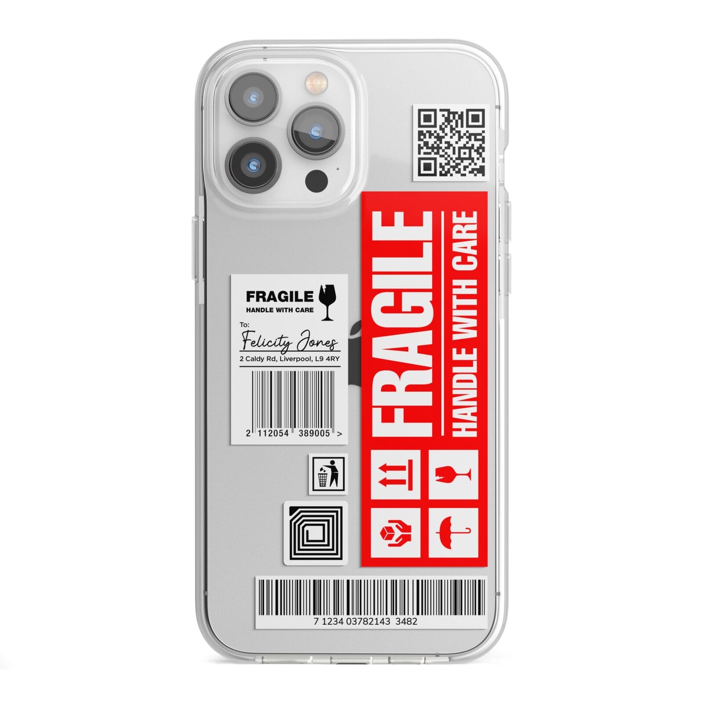 Fragile Parcel Labels with Name iPhone 13 Pro Max TPU Impact Case with White Edges