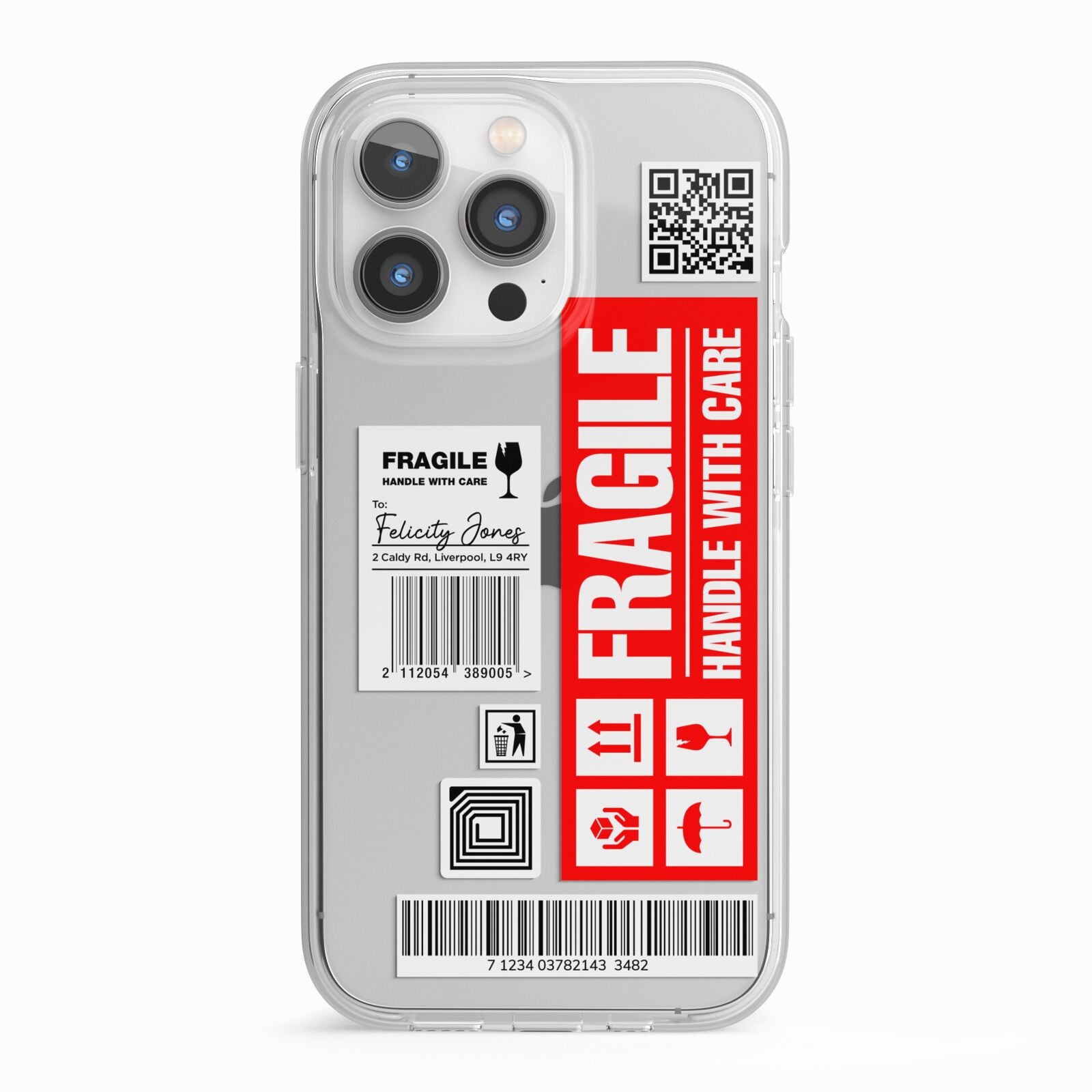 Fragile Parcel Labels with Name iPhone 13 Pro TPU Impact Case with White Edges