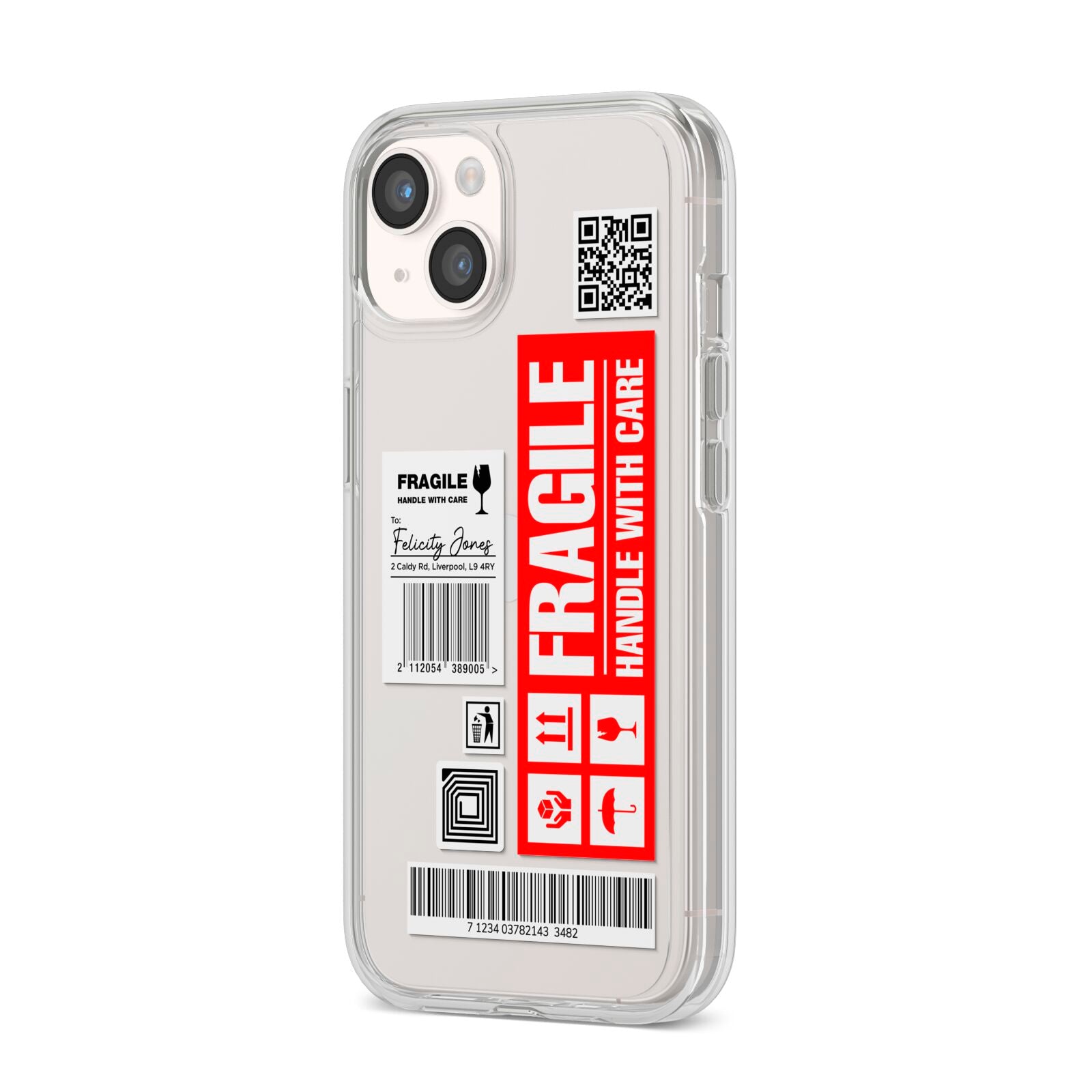 Fragile Parcel Labels with Name iPhone 14 Clear Tough Case Starlight Angled Image