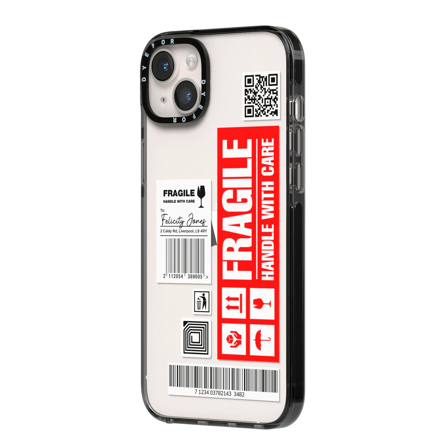 Fragile Parcel Labels with Name iPhone 14 Plus Black Impact Case Side Angle on Silver phone