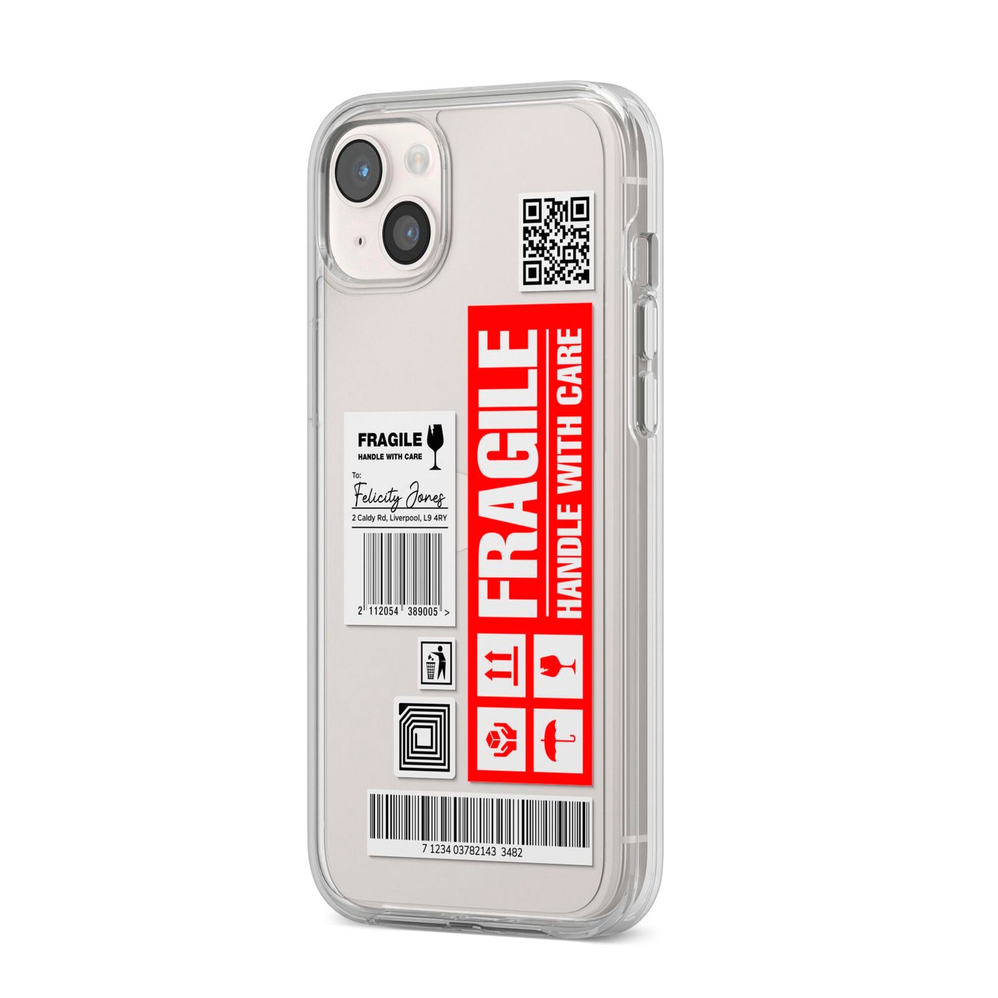 Fragile Parcel Labels with Name iPhone 14 Plus Clear Tough Case Starlight Angled Image