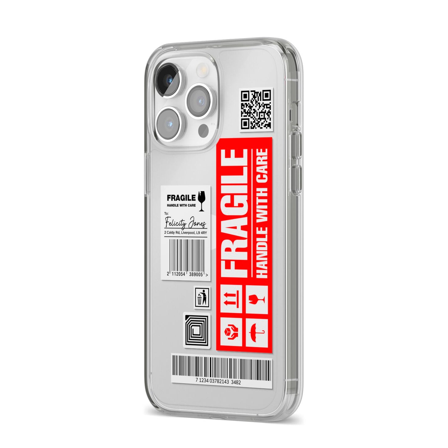 Fragile Parcel Labels with Name iPhone 14 Pro Max Clear Tough Case Silver Angled Image