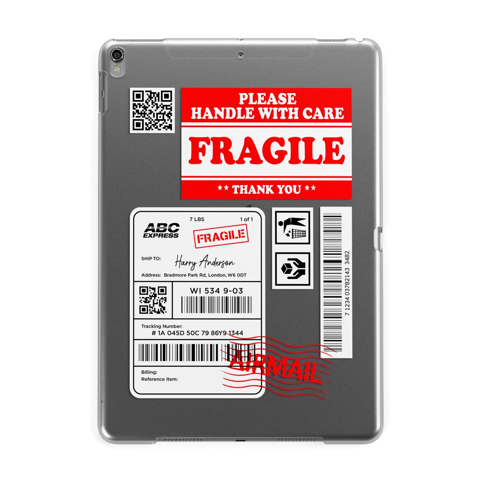 Fragile Parcel Stickers with Name Apple iPad Grey Case