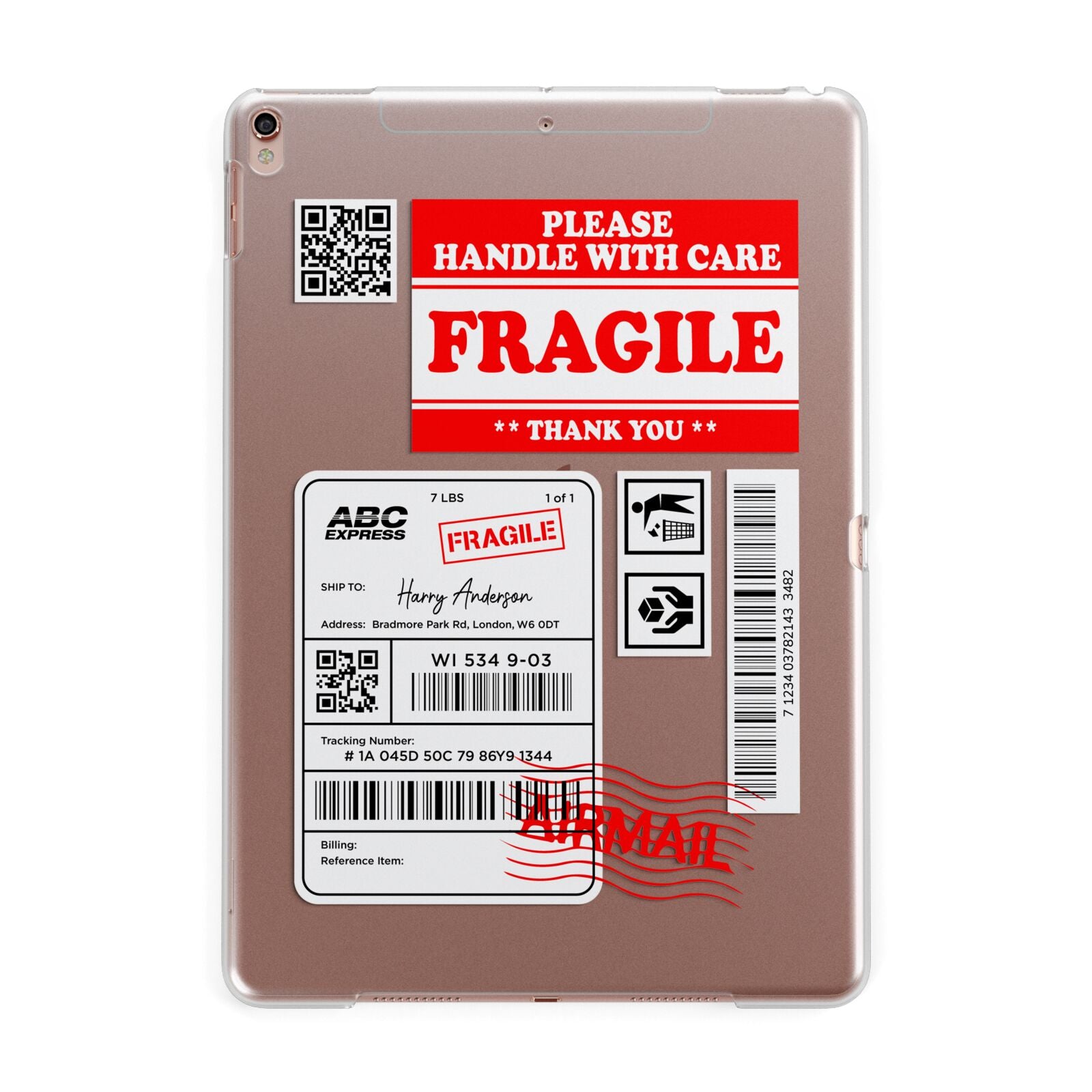 Fragile Parcel Stickers with Name Apple iPad Rose Gold Case