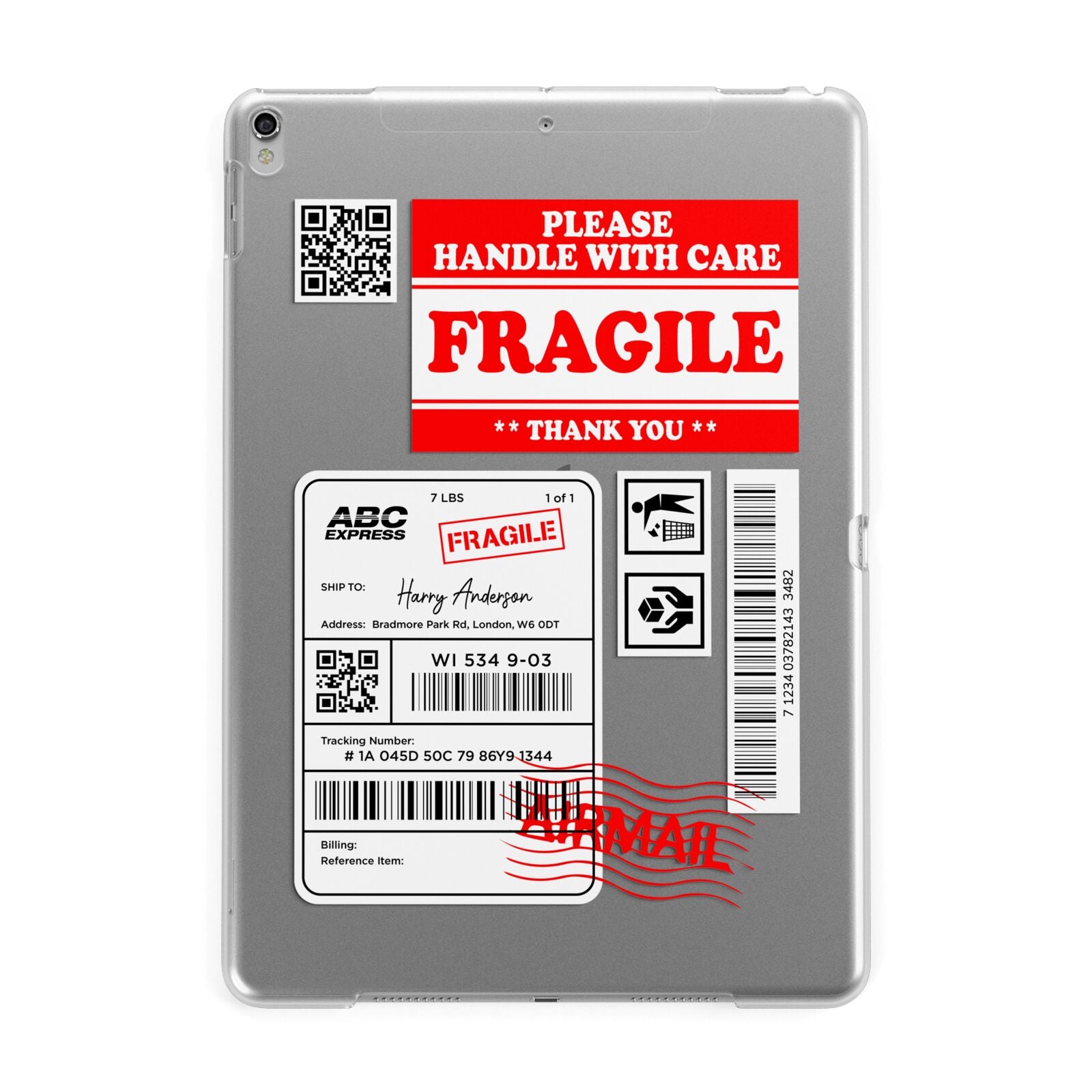 Fragile Parcel Stickers with Name Apple iPad Silver Case