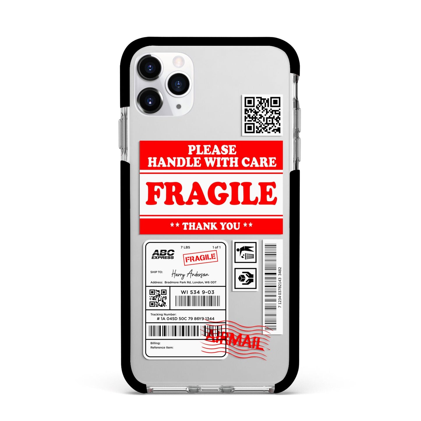 Fragile Parcel Stickers with Name Apple iPhone 11 Pro Max in Silver with Black Impact Case