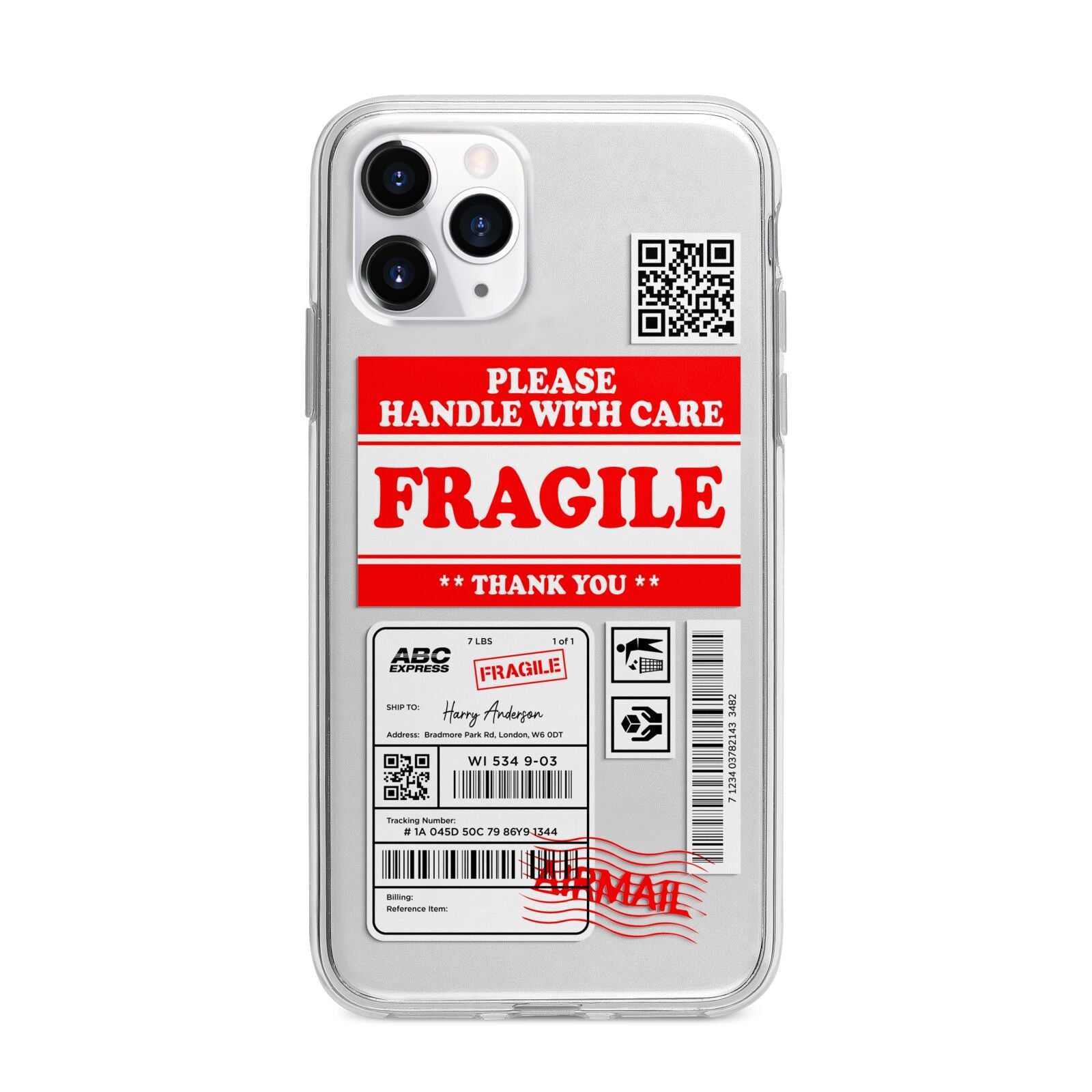 Fragile Parcel Stickers with Name Apple iPhone 11 Pro Max in Silver with Bumper Case