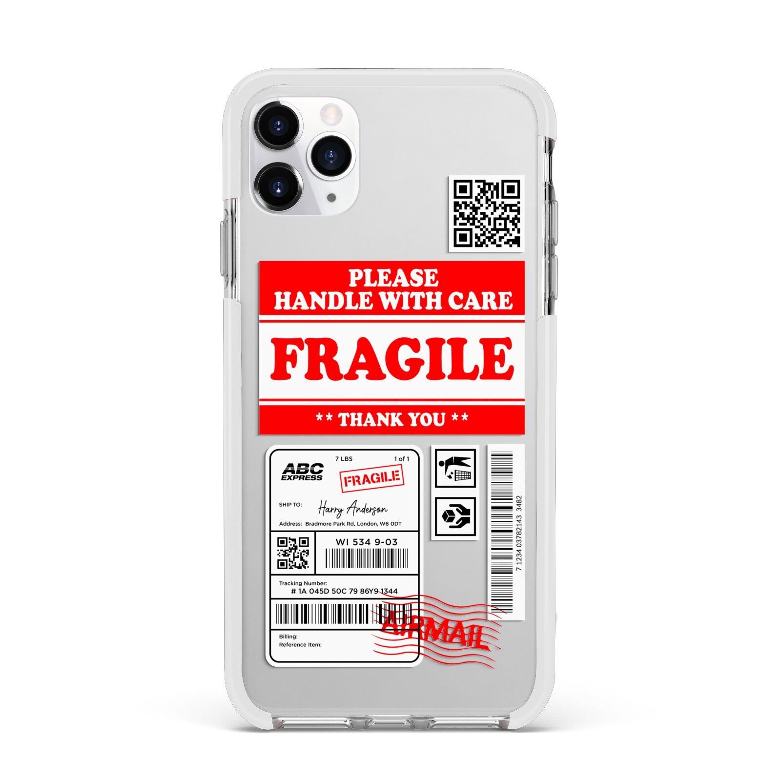 Fragile Parcel Stickers with Name Apple iPhone 11 Pro Max in Silver with White Impact Case