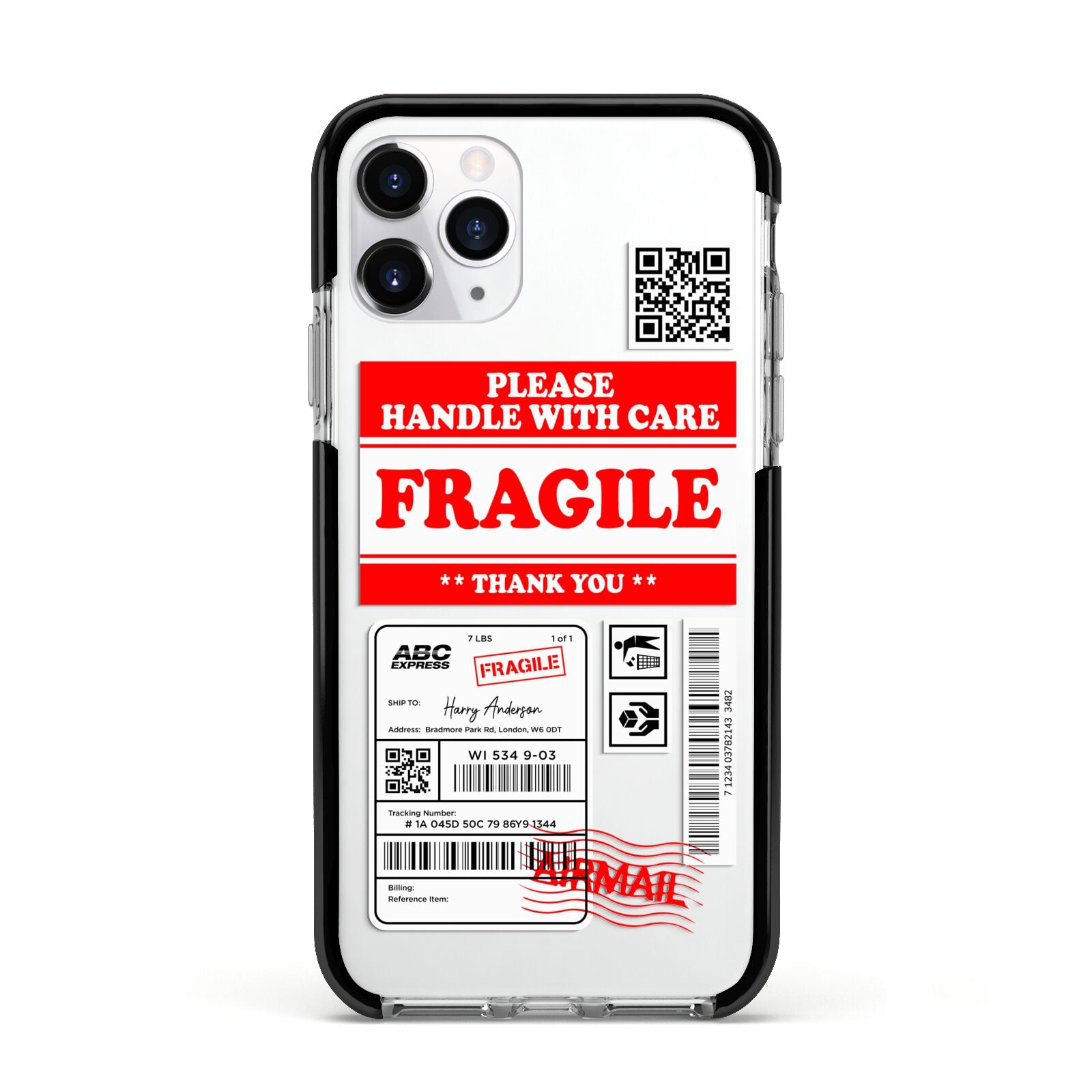 Fragile Parcel Stickers with Name Apple iPhone 11 Pro in Silver with Black Impact Case