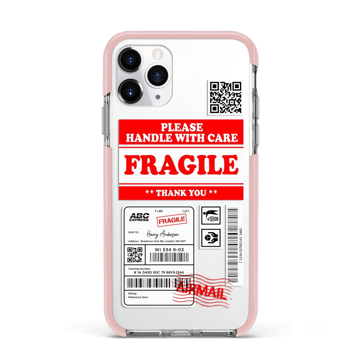 Fragile Parcel Stickers with Name Apple iPhone 11 Pro in Silver with Pink Impact Case