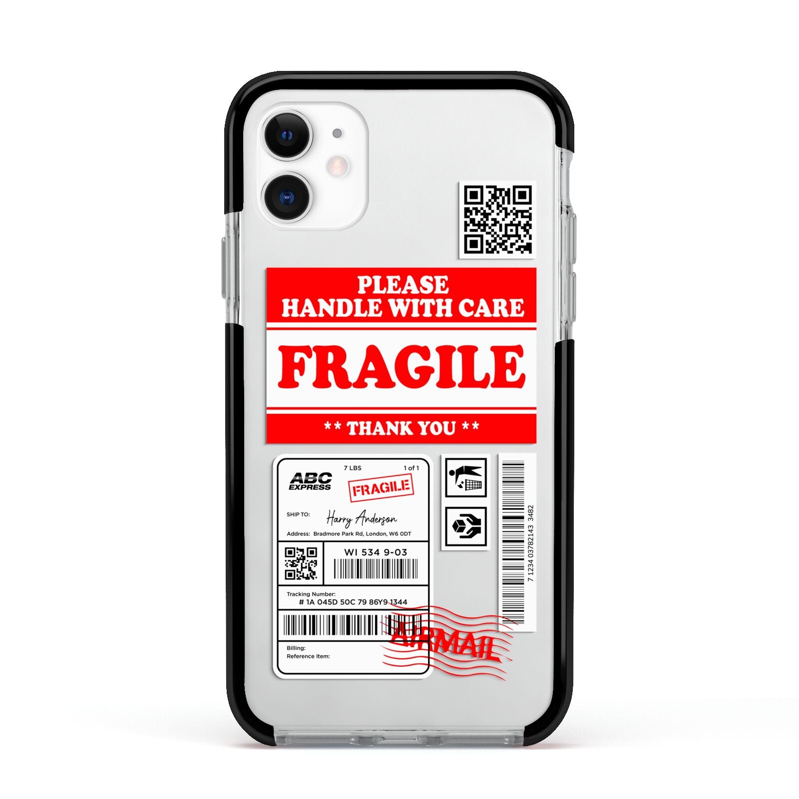 Fragile Parcel Stickers with Name Apple iPhone 11 in White with Black Impact Case