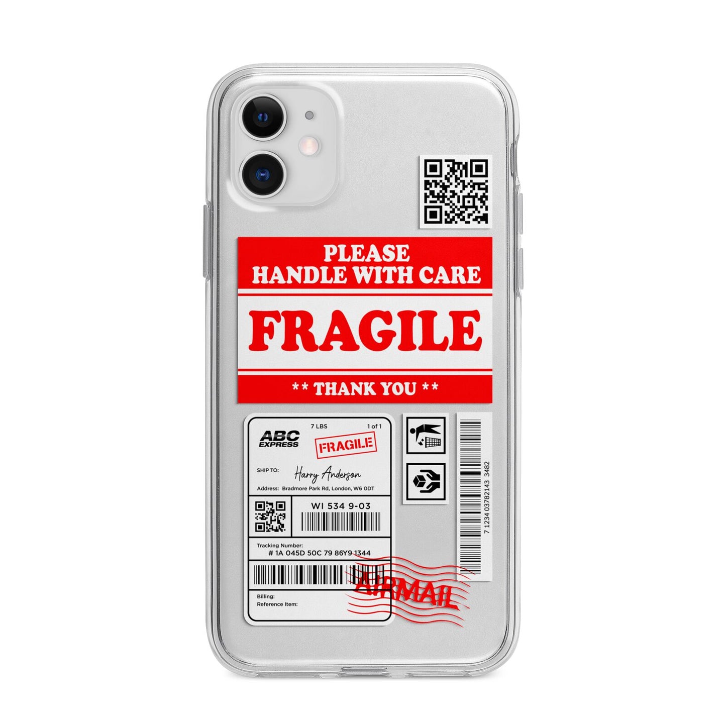 Fragile Parcel Stickers with Name Apple iPhone 11 in White with Bumper Case