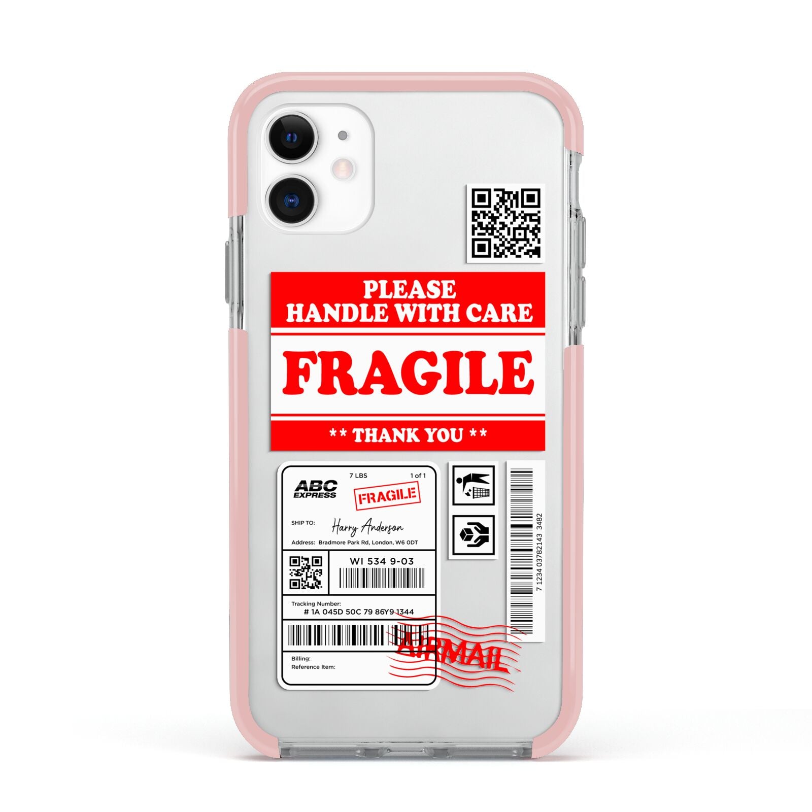 Fragile Parcel Stickers with Name Apple iPhone 11 in White with Pink Impact Case