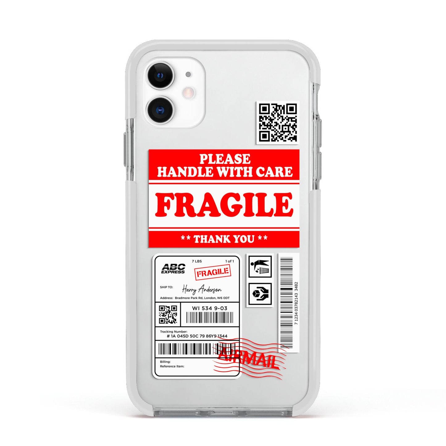 Fragile Parcel Stickers with Name Apple iPhone 11 in White with White Impact Case