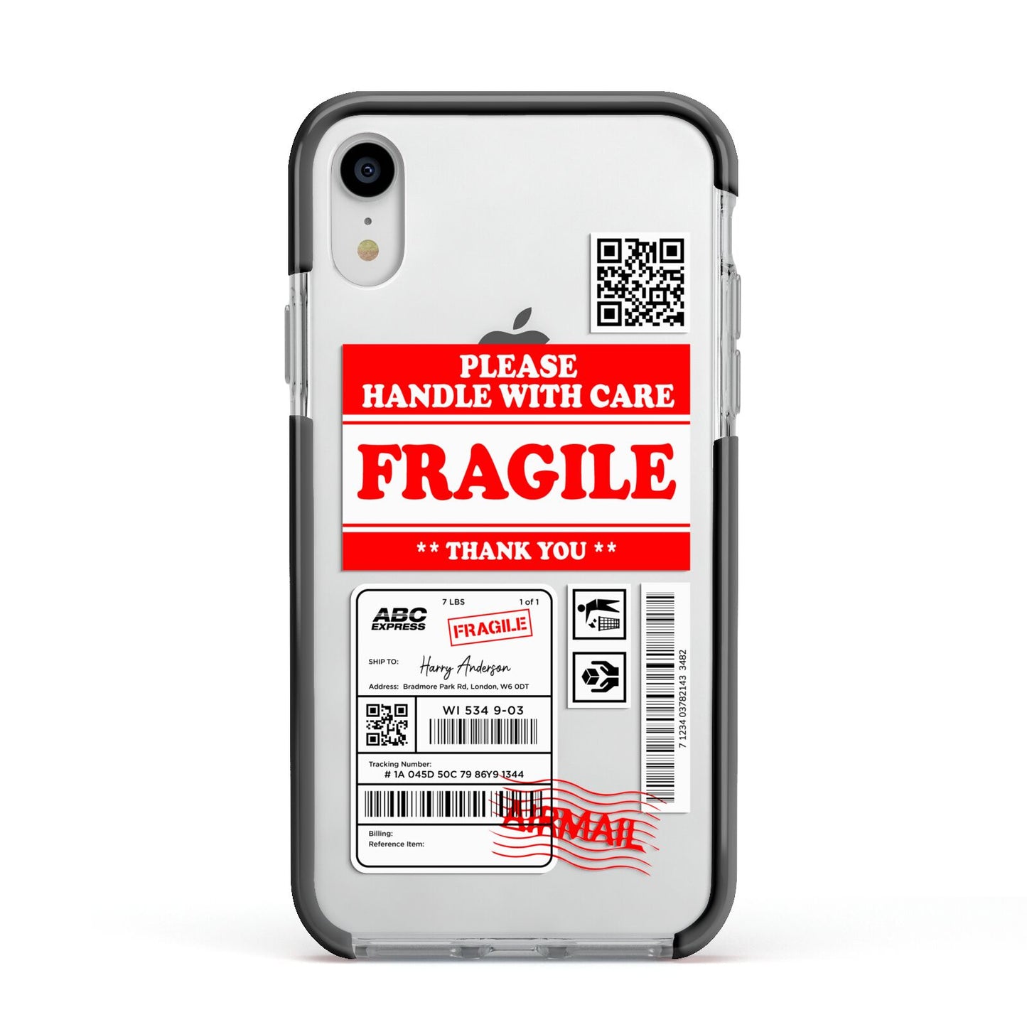 Fragile Parcel Stickers with Name Apple iPhone XR Impact Case Black Edge on Silver Phone