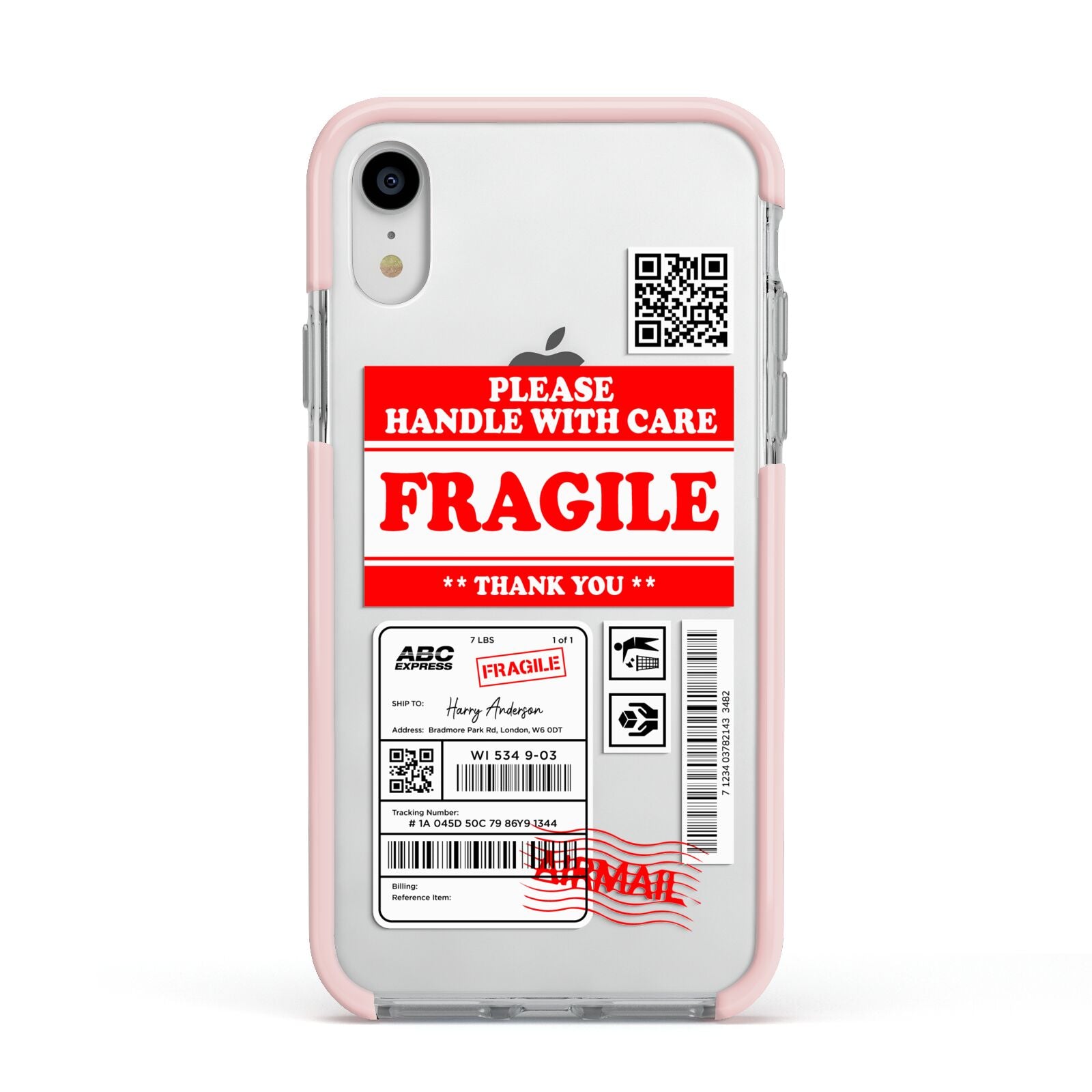 Fragile Parcel Stickers with Name Apple iPhone XR Impact Case Pink Edge on Silver Phone