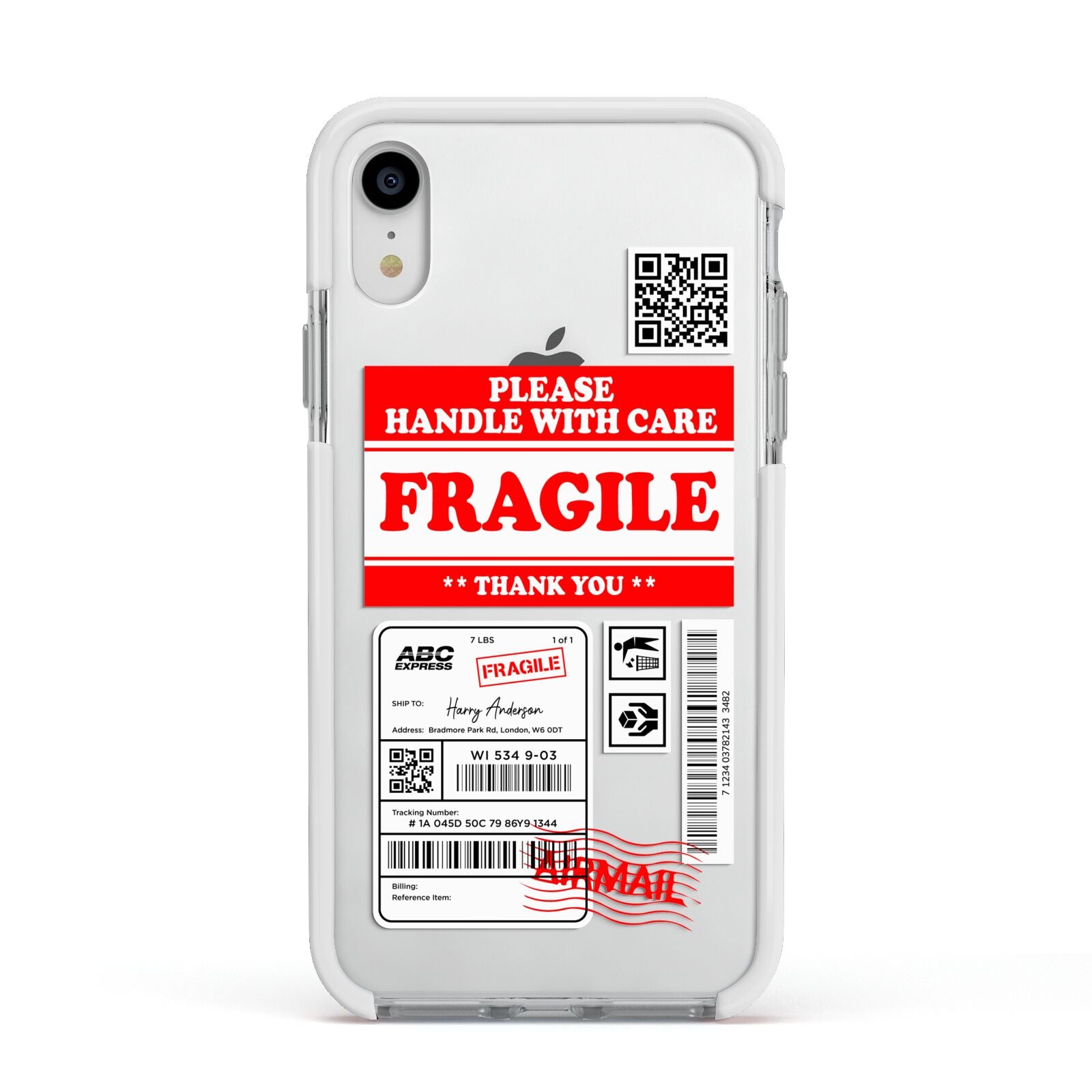 Fragile Parcel Stickers with Name Apple iPhone XR Impact Case White Edge on Silver Phone