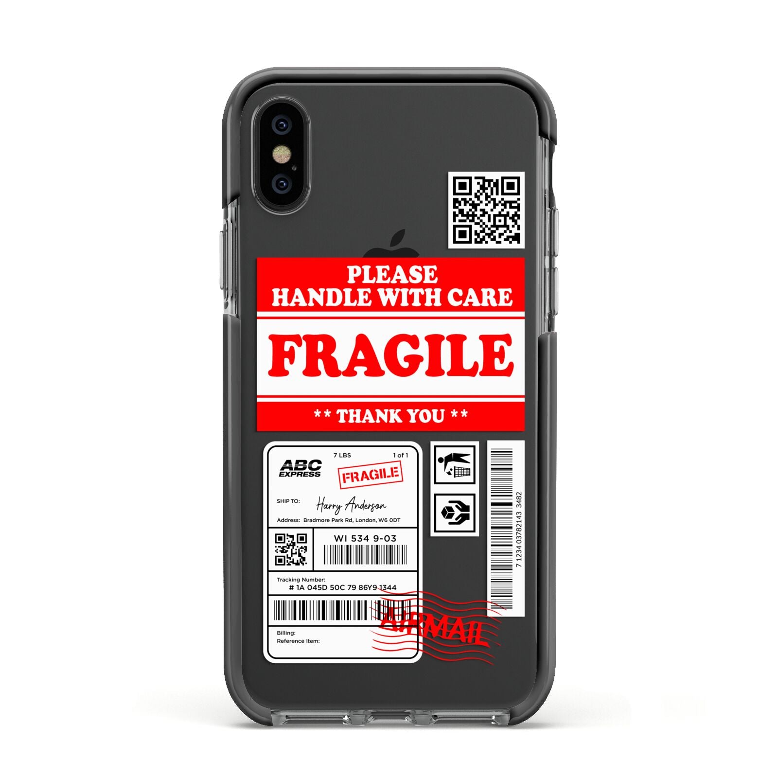 Fragile Parcel Stickers with Name Apple iPhone Xs Impact Case Black Edge on Black Phone