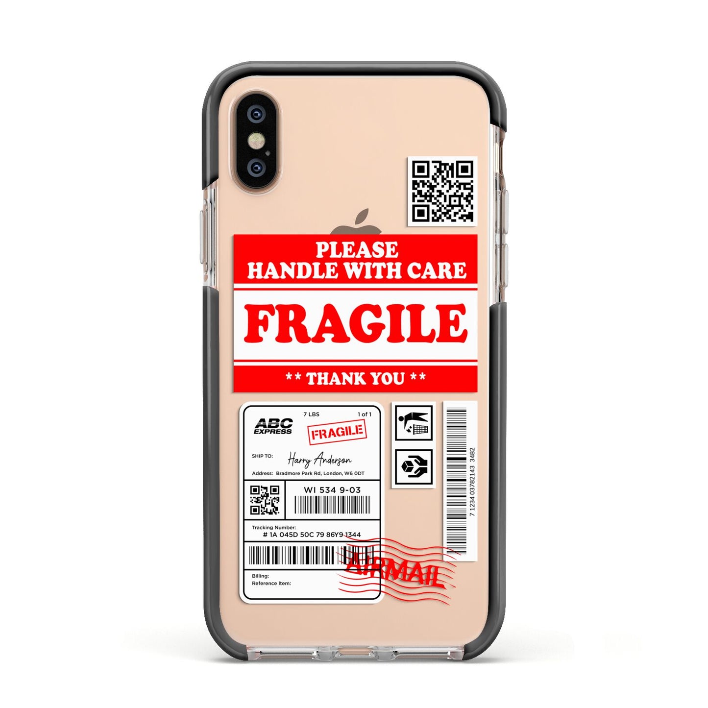 Fragile Parcel Stickers with Name Apple iPhone Xs Impact Case Black Edge on Gold Phone