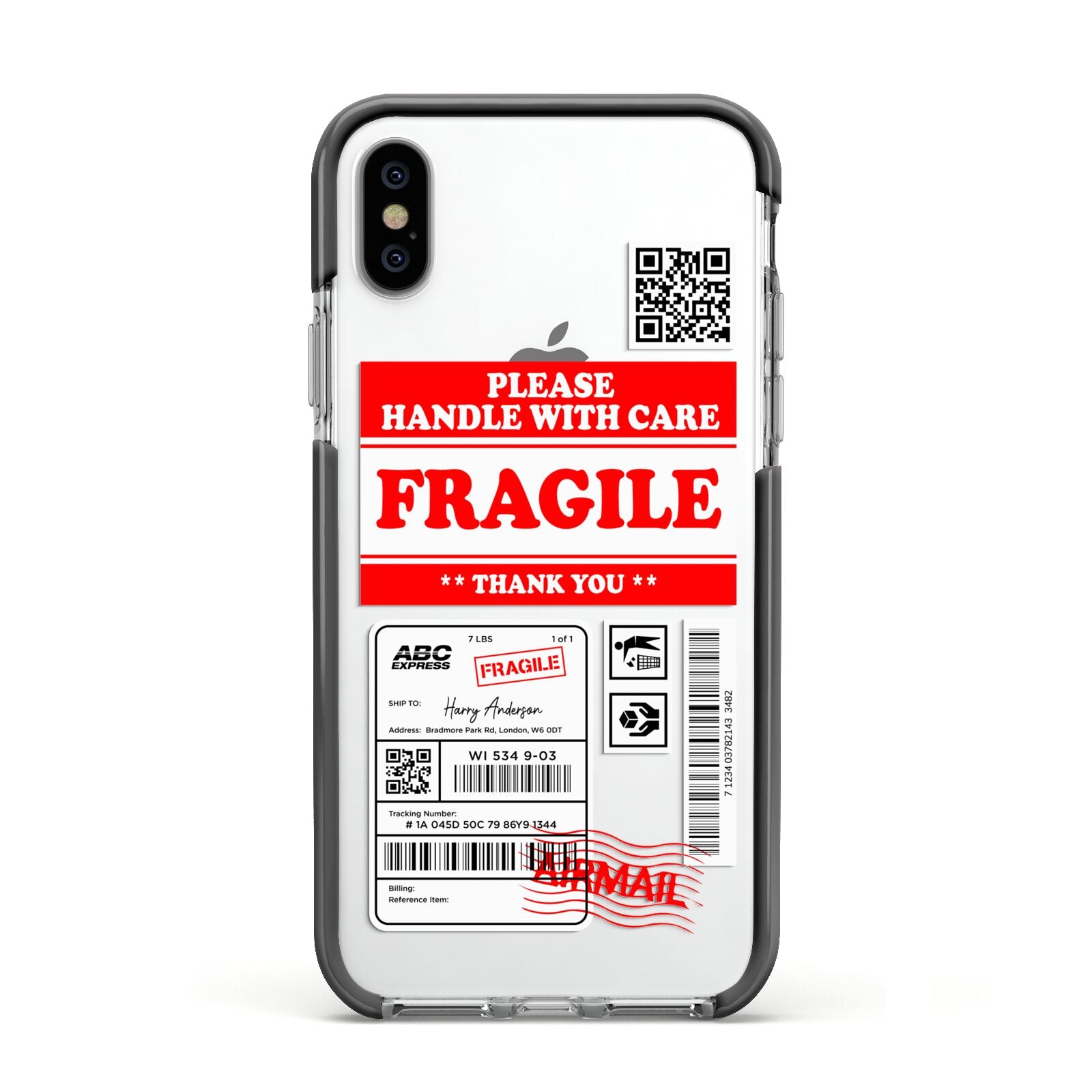 Fragile Parcel Stickers with Name Apple iPhone Xs Impact Case Black Edge on Silver Phone