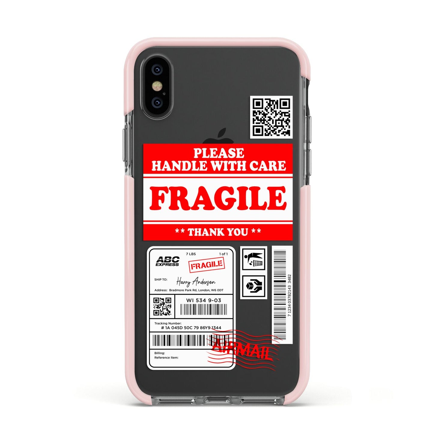 Fragile Parcel Stickers with Name Apple iPhone Xs Impact Case Pink Edge on Black Phone